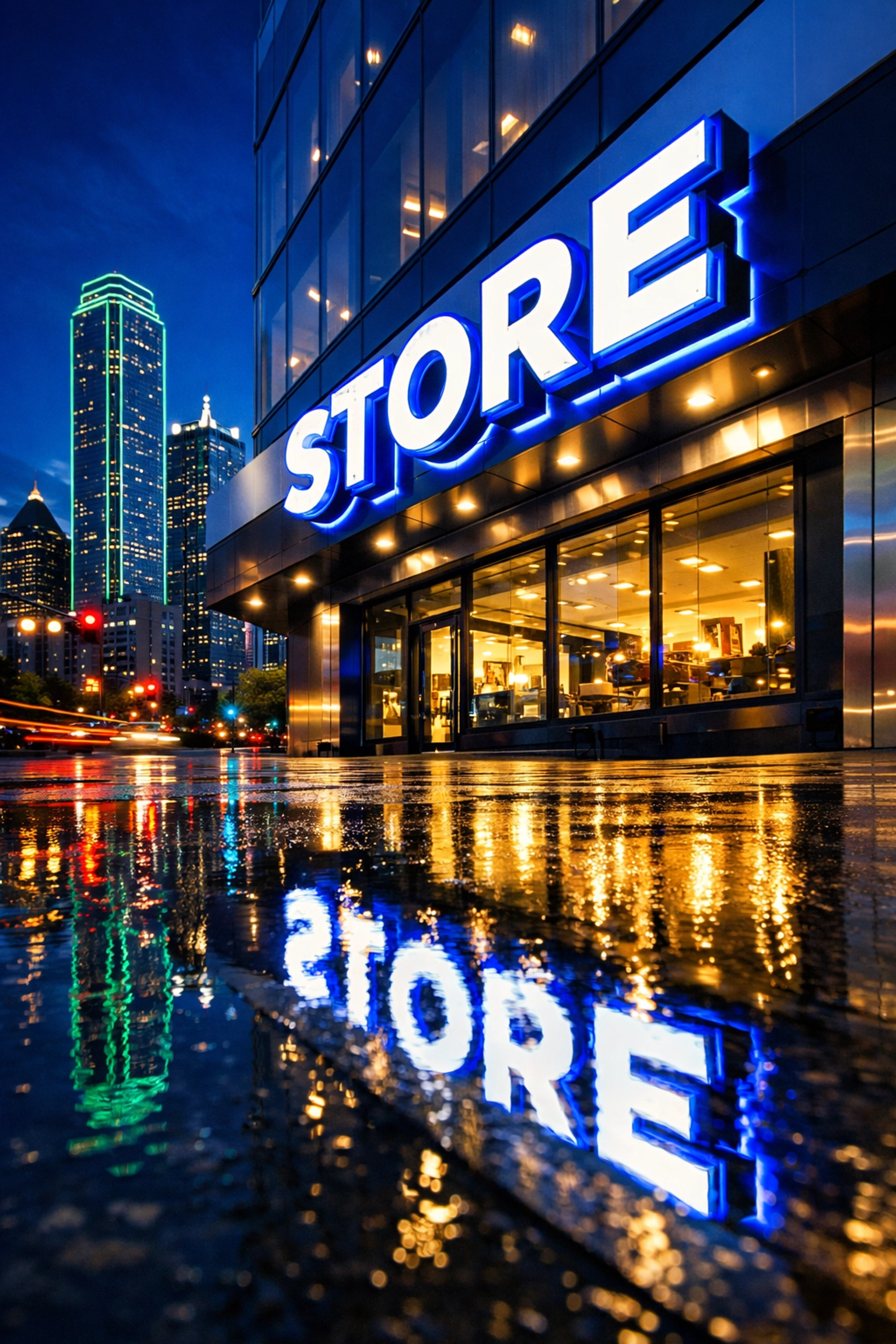 Modern Dallas retail storefront with a glowing blue and white custom LED channel letter sign at twilight.