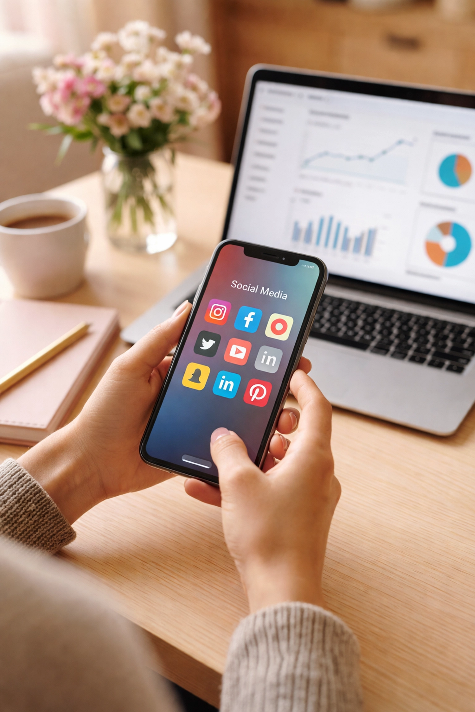 Hands holding smartphone with social media apps, highlighting multi-platform management role