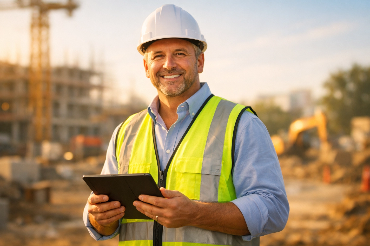 A construction business owner confidently managing his site after securing business funding.
