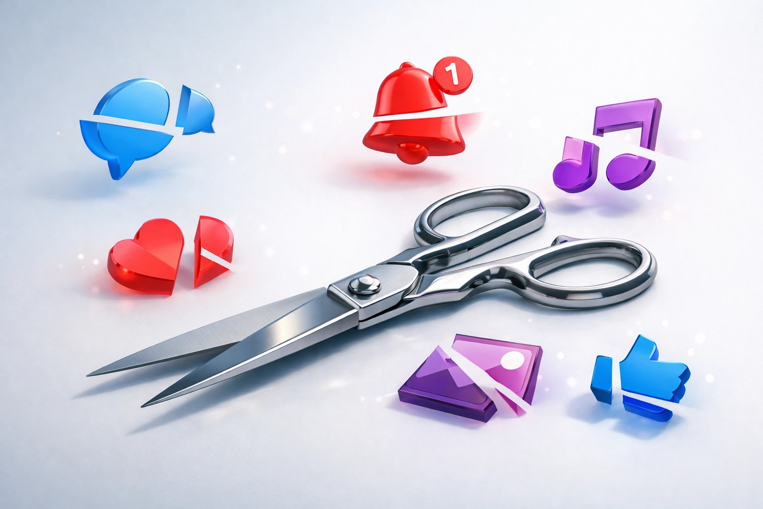 Silver scissors cutting through digital app icons to save money on subscriptions.