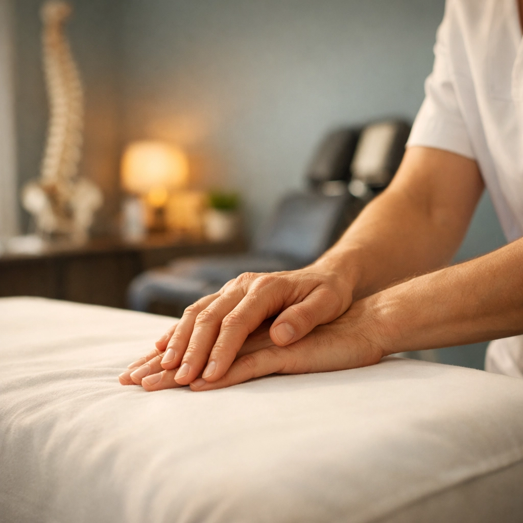 Professional chiropractor's hands resting on a clinical table, focusing on expert patient care and adjustments.