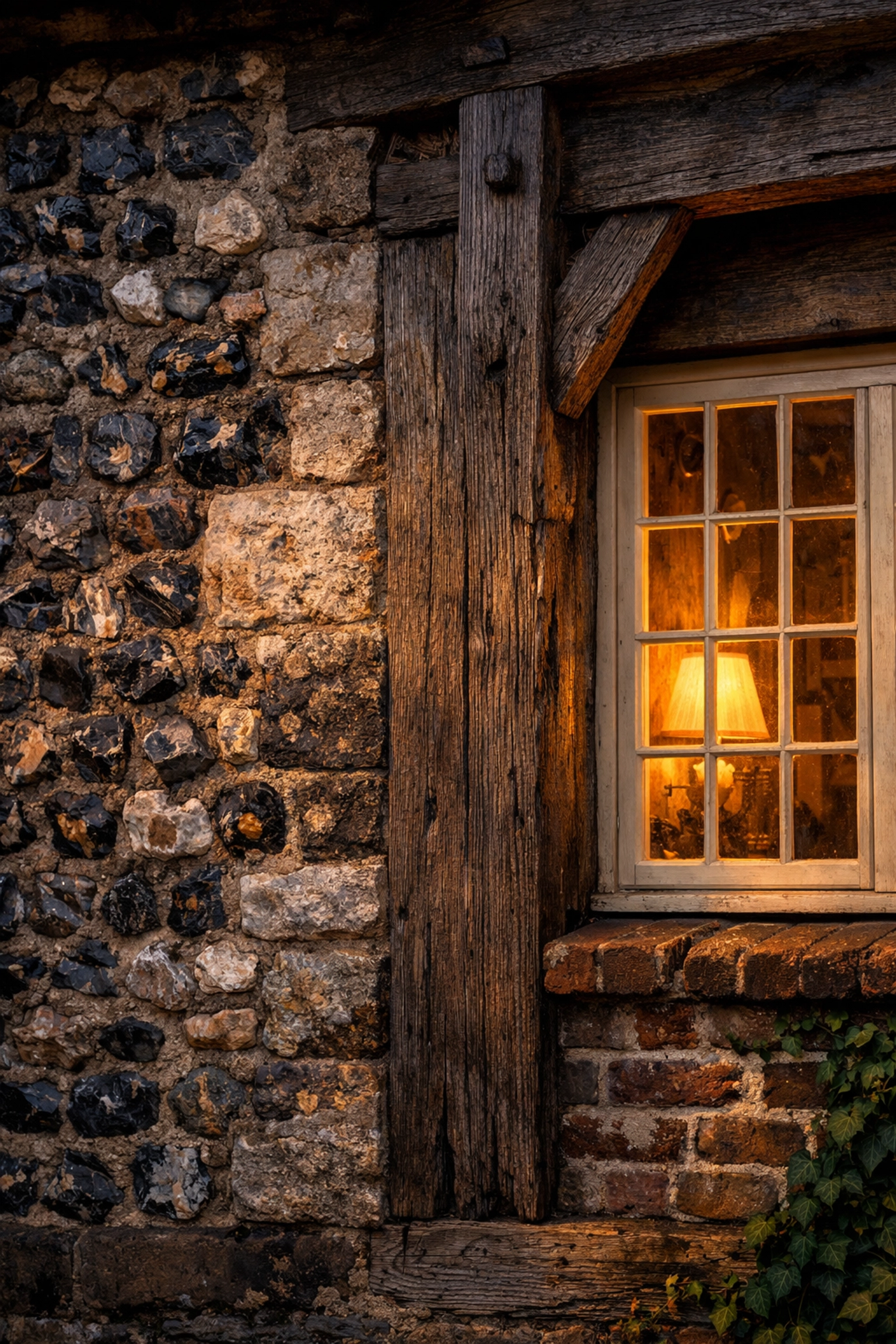 Traditional West Sussex flint-knapped cottage wall and historic oak timber frame at dusk.