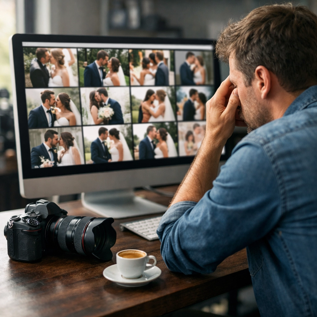 Professional photographer reviewing high-resolution wedding photos at a studio desk.