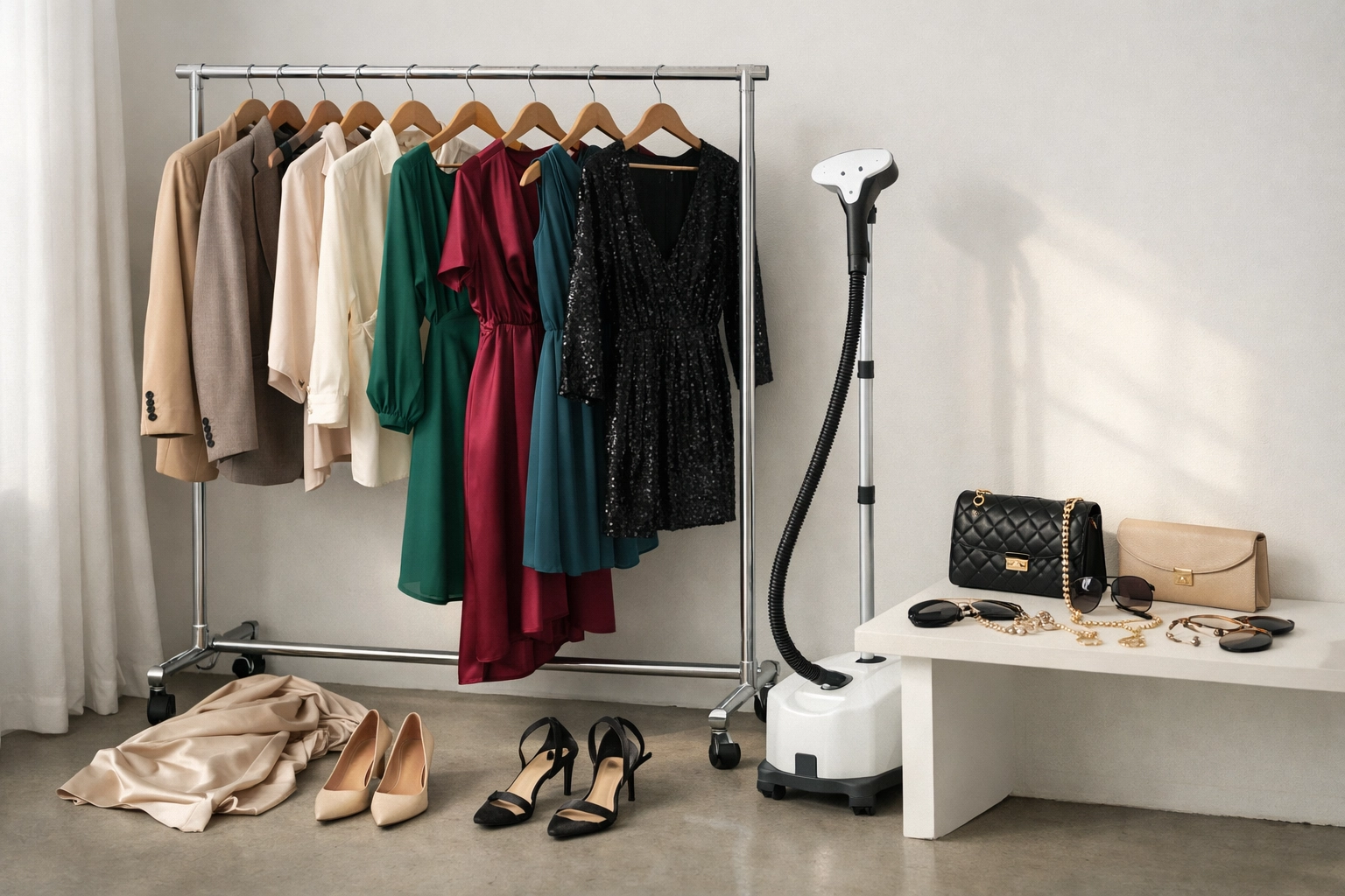 Studio wardrobe prep with clothing rack, steamer, and accessories ready for a luxury portrait session in Pittsburgh (faceless).