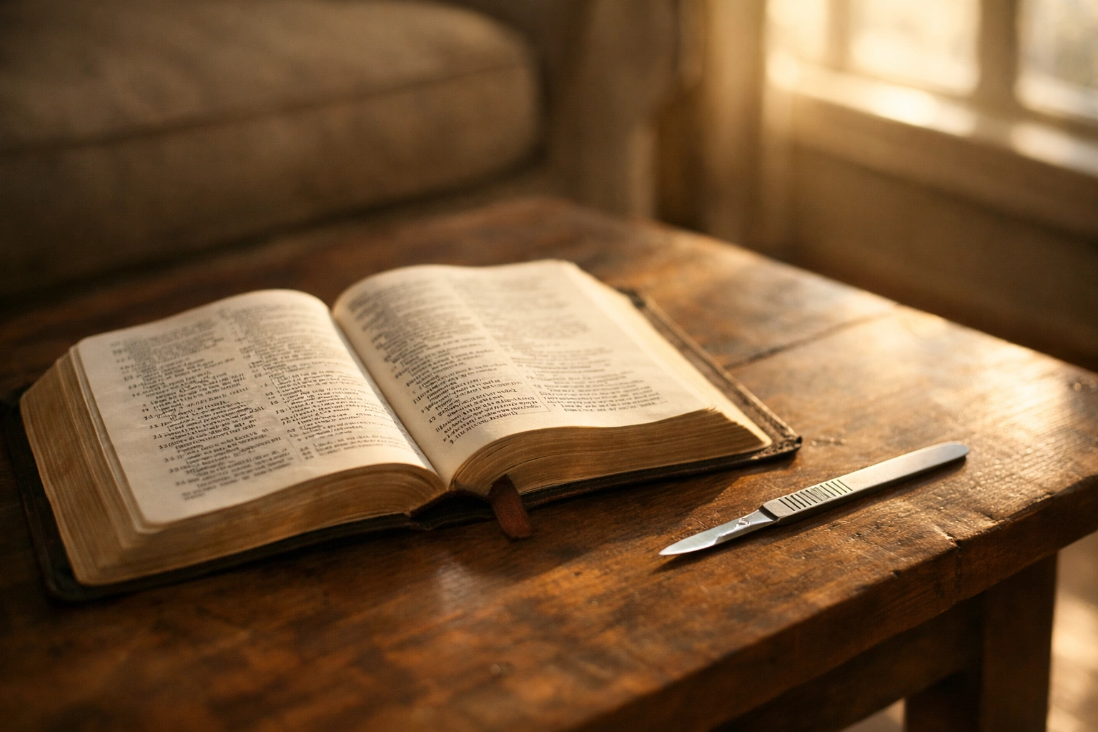 Open Bible with surgical scalpel symbolizing Scripture's healing through conviction and correction