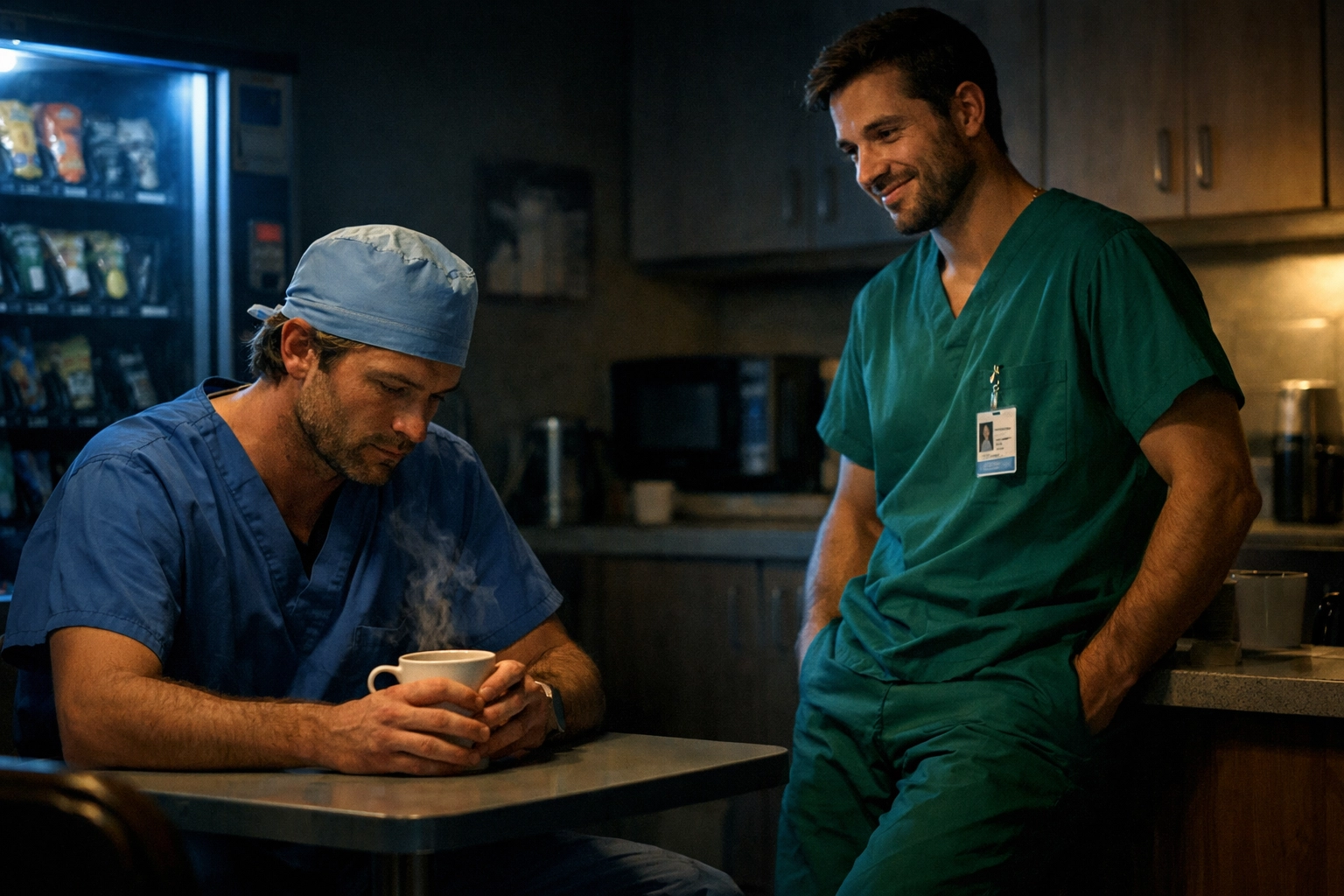 A male nurse and surgeon in a hospital breakroom, illustrating the tension in gay workplace romance ebooks.