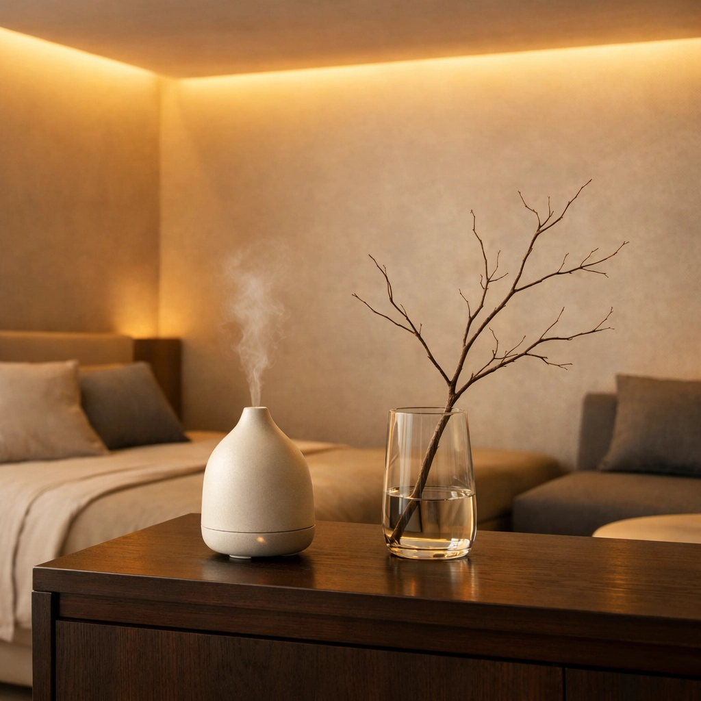 Minimalist hotel suite with warm lighting and a scent diffuser, illustrating multi-sensory hospitality trends for 2026.