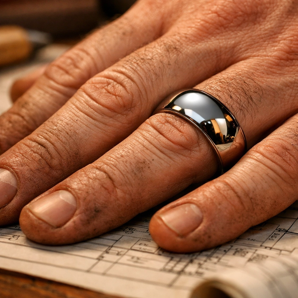Man wearing a durable tungsten wedding band showing a comfortable and perfect fit for everyday work.