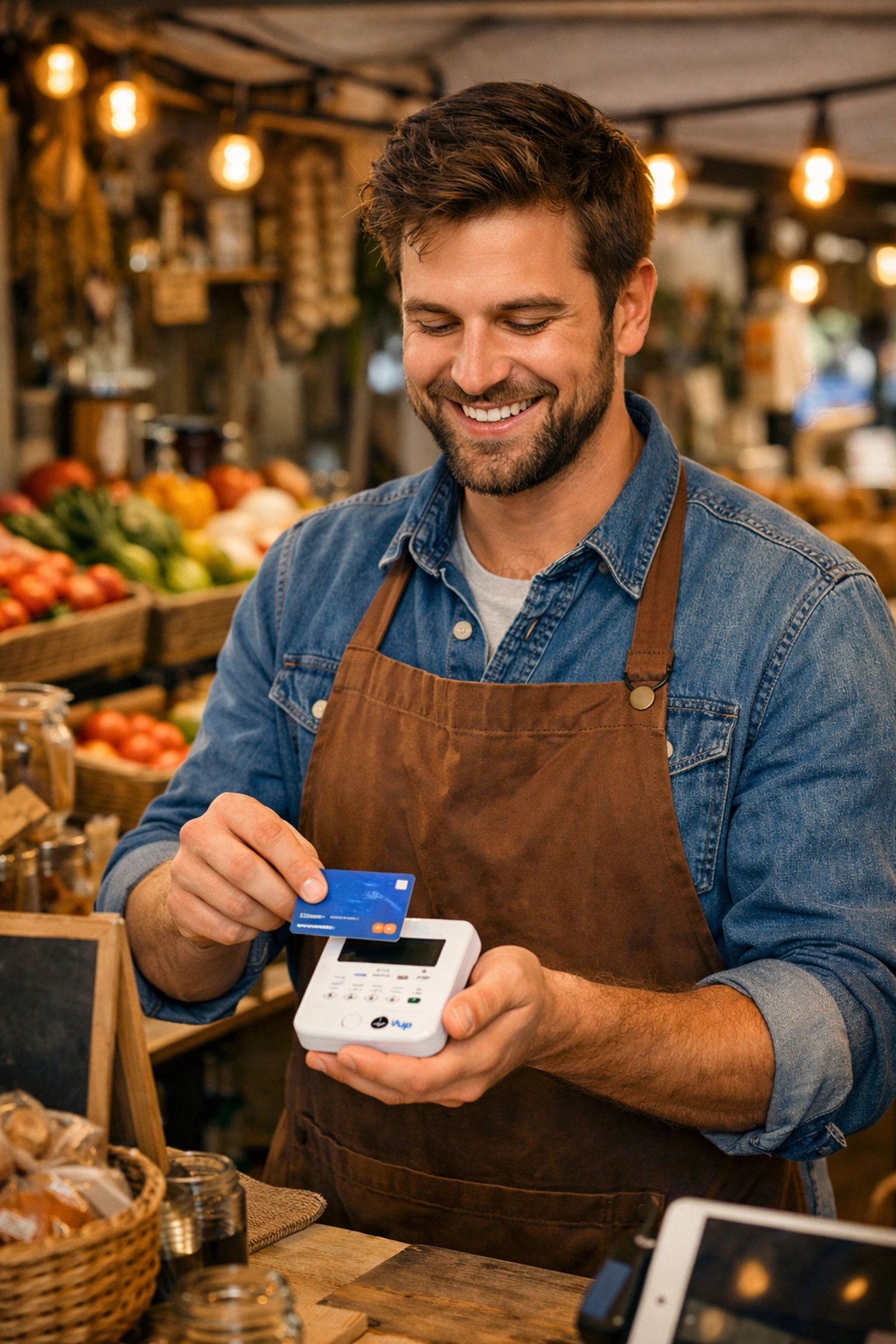 Market stall owner processing payment with SumUp card reader at fresh produce stand
