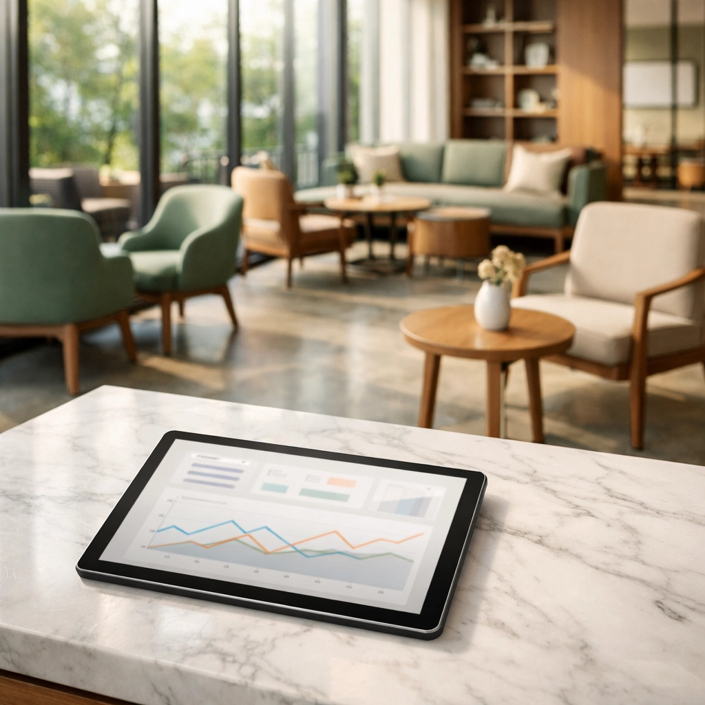 Modern hotel lounge with a tablet displaying dynamic pricing data and revenue management analytics.
