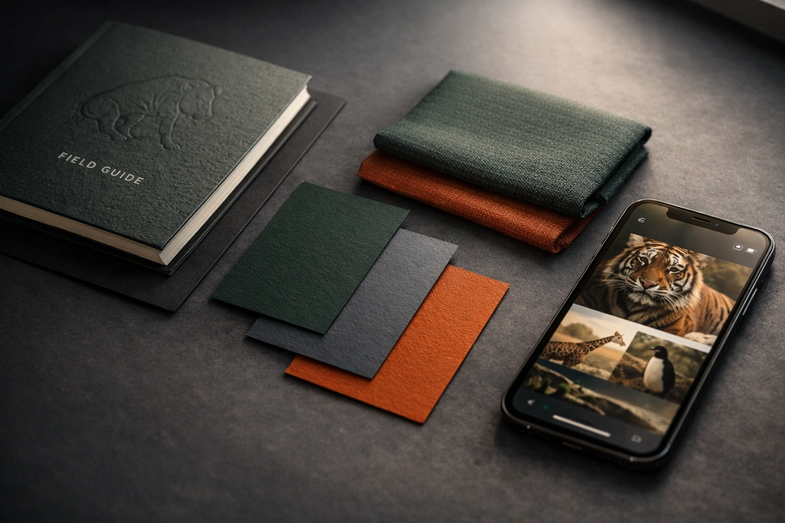 Professional zoo brand identity mockup featuring nature-inspired color swatches and a mobile website design.