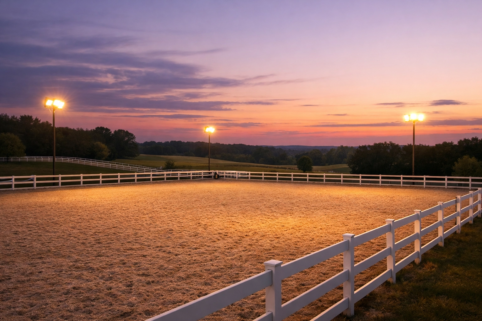 Lighted outdoor riding arena on Waxhaw NC horse farm at dusk with quality footing