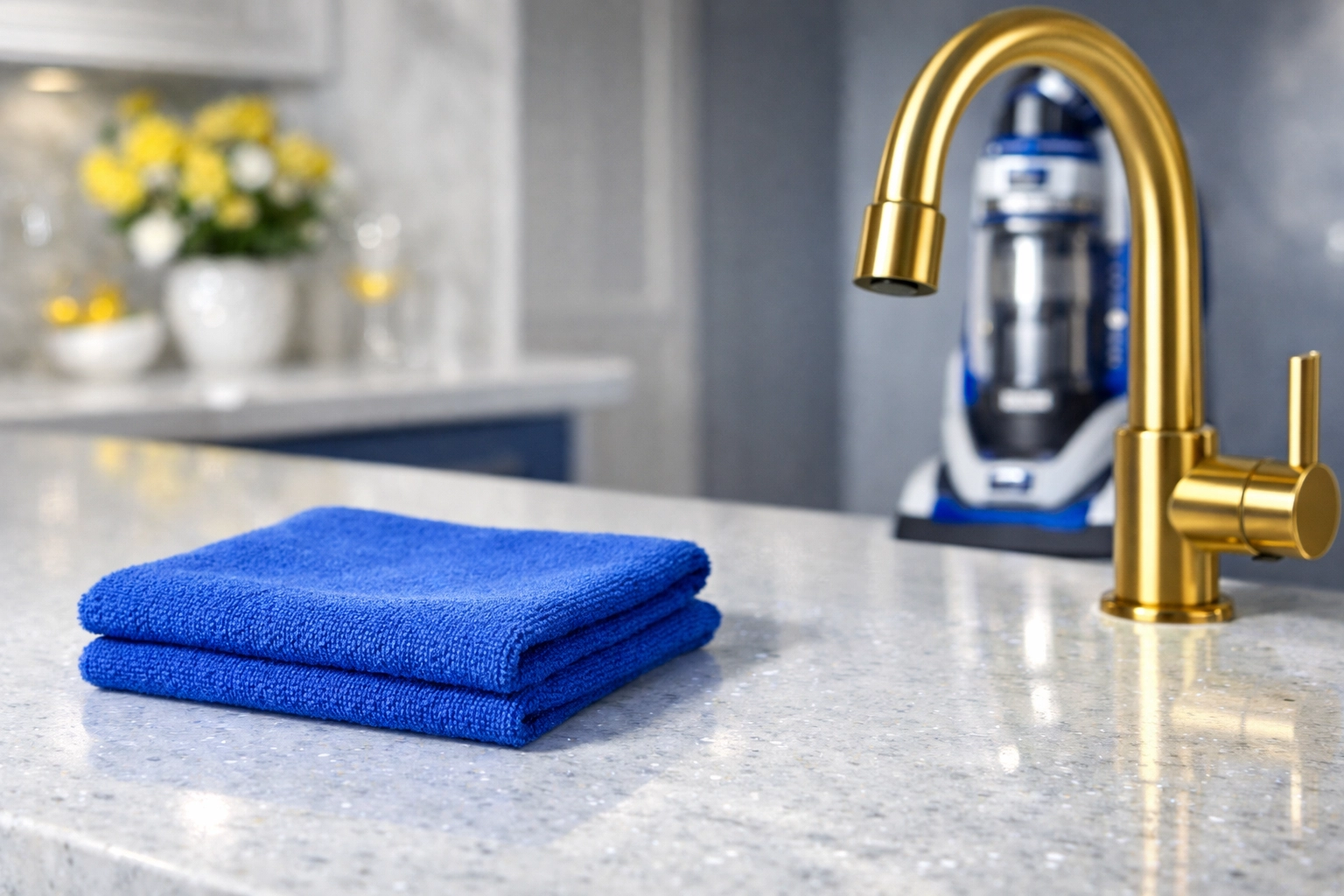 Pristine quartz countertop and professional cleaning tools used for luxury house cleaning in Boxford.