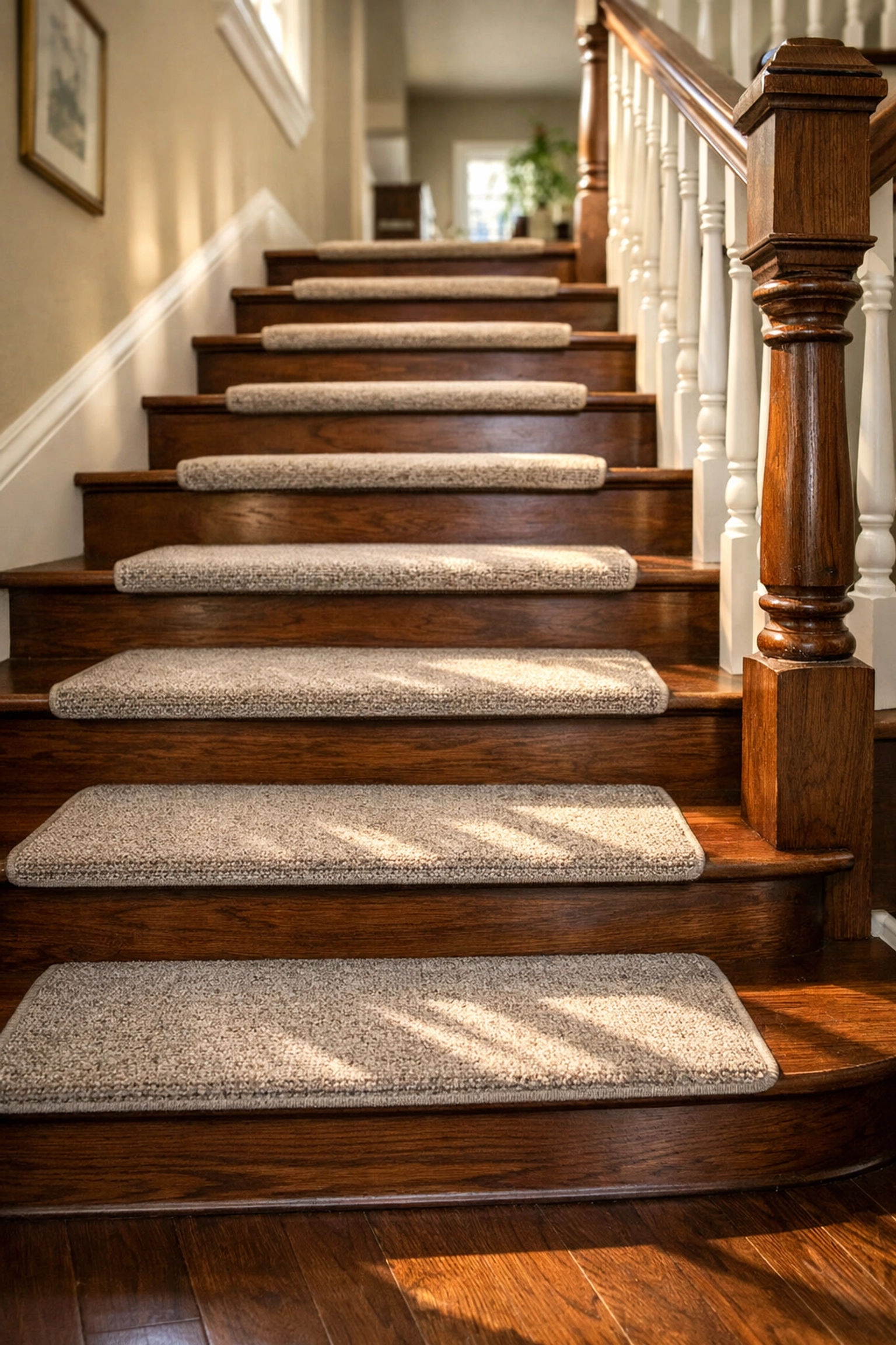 Hardwood staircase with non-slip carpet treads to provide traction and prevent slips in a home setting.