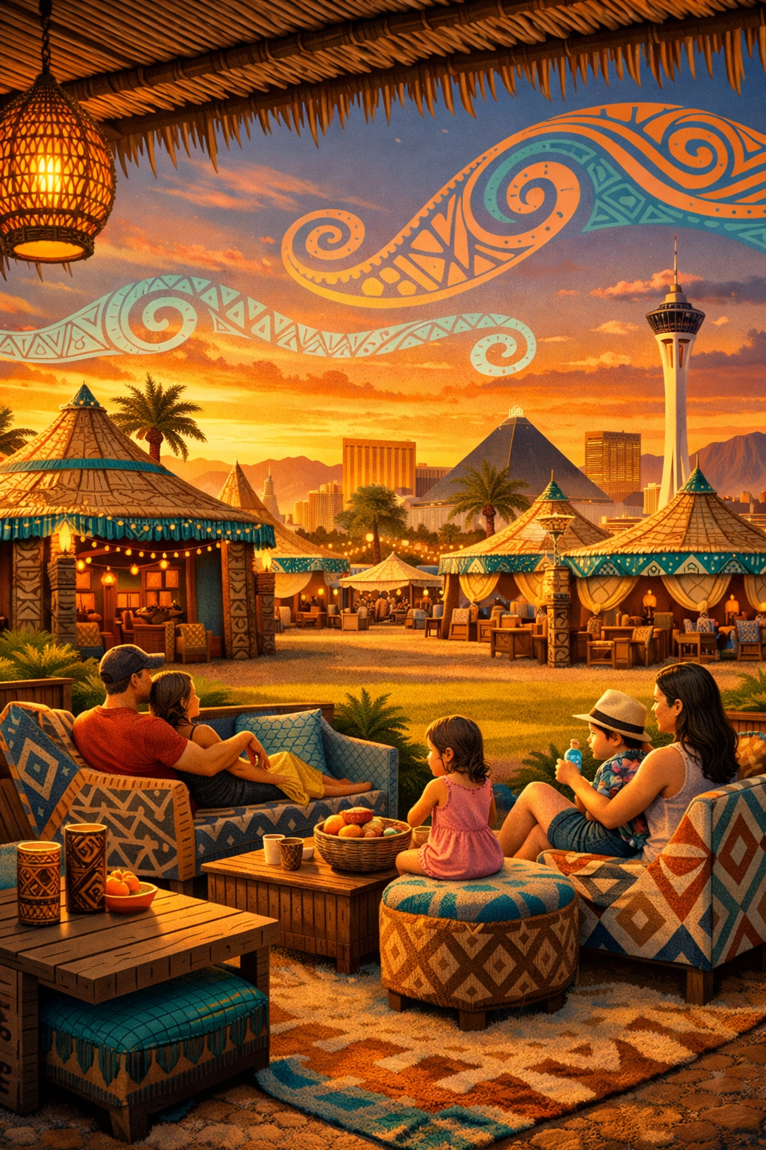 Families enjoying shaded rest areas at a Las Vegas cultural festival during a desert sunset.