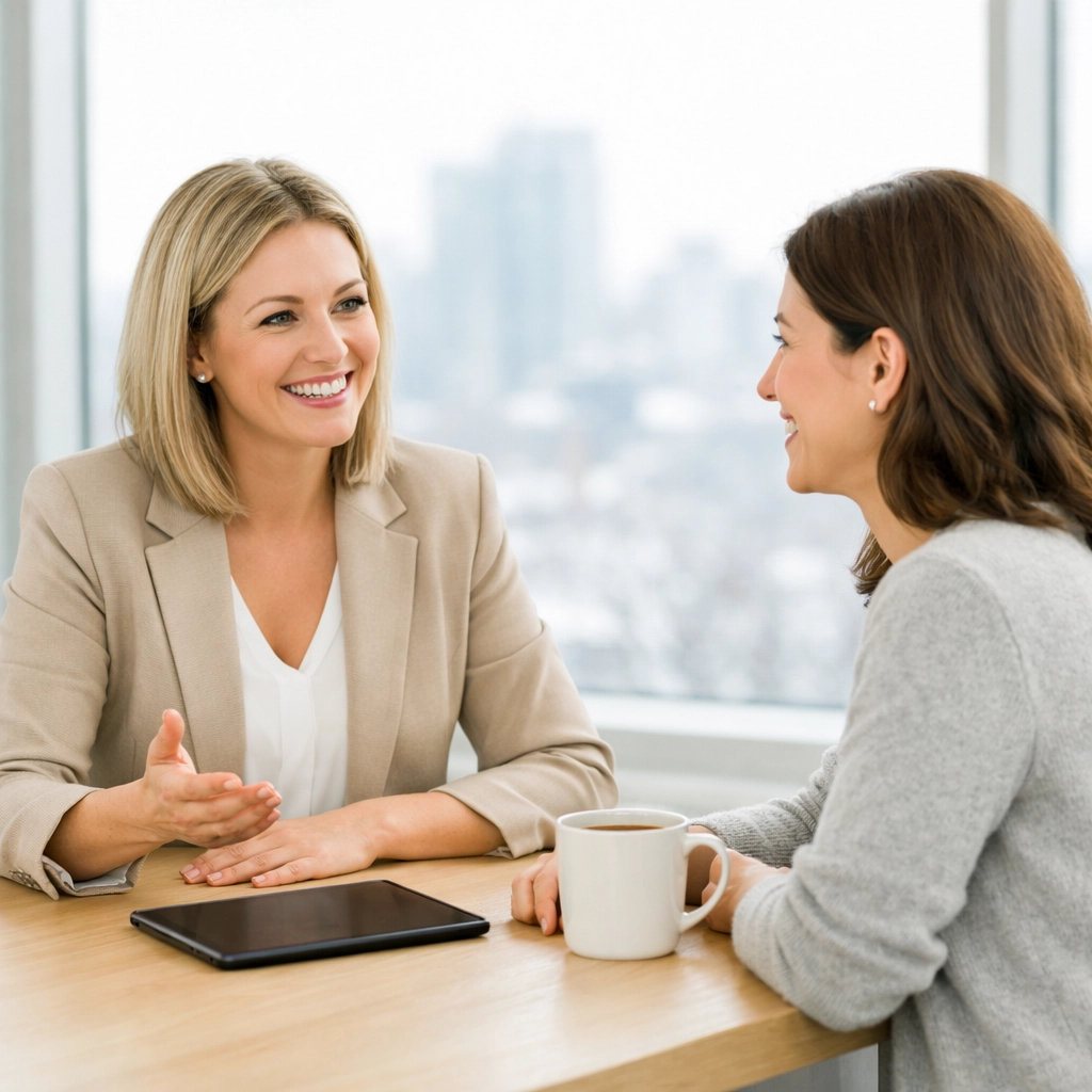 Saskatoon property manager consulting with a client about rental management services during winter.