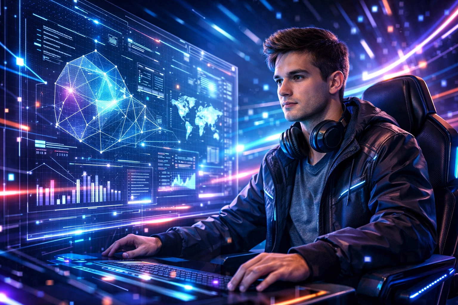 Professional student using EsportsPod simulation software to prepare for a career in technology and engineering.