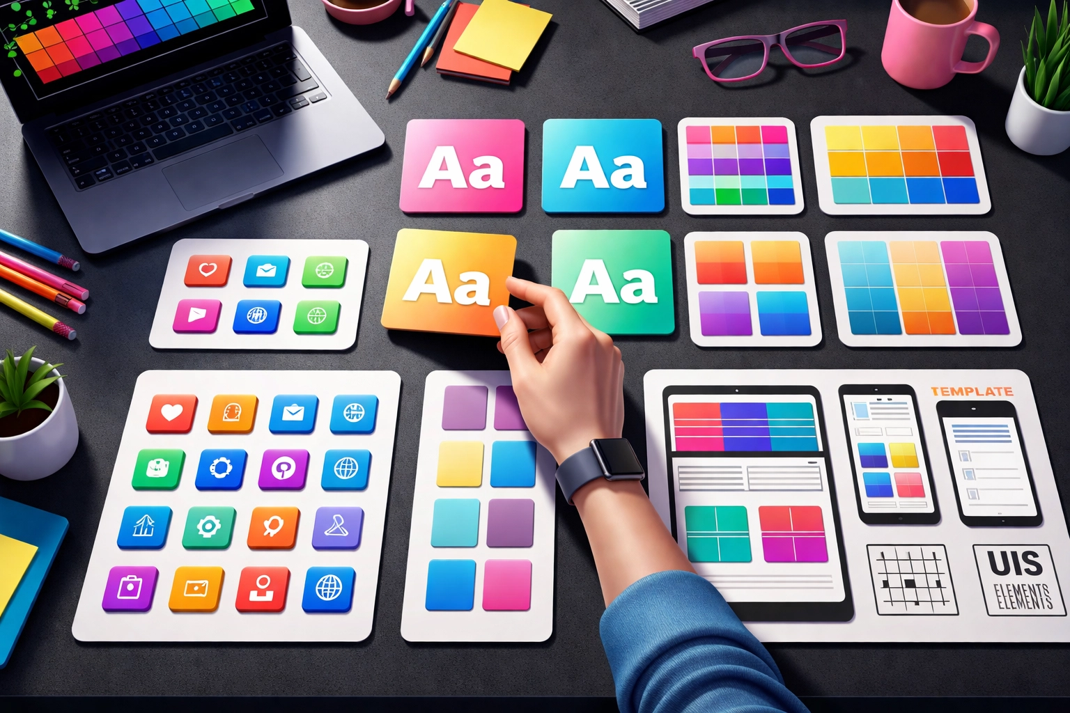 Organized creative workspace with neatly arranged design assets, highlighting efficiency and asset variety in design bundles.