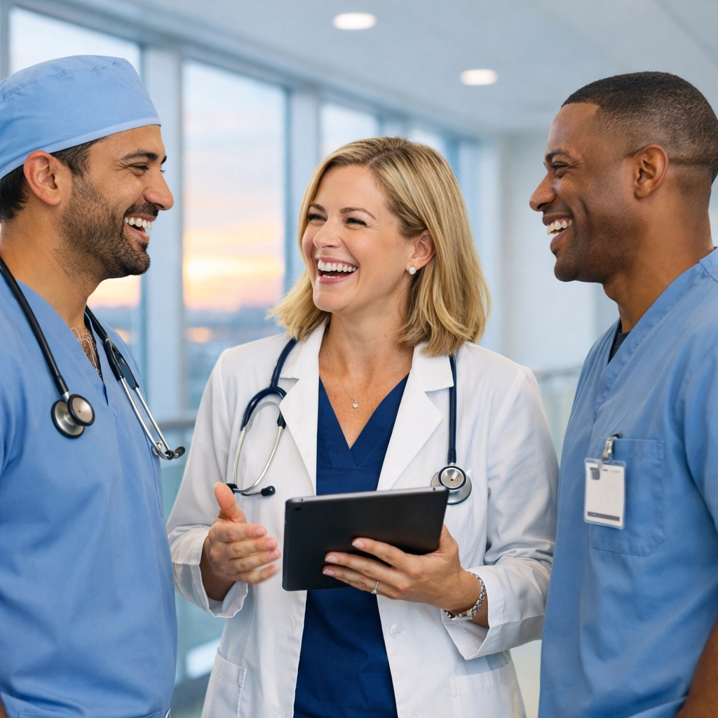 Diverse healthcare team of physicians and nurses collaborating in modern hospital hallway