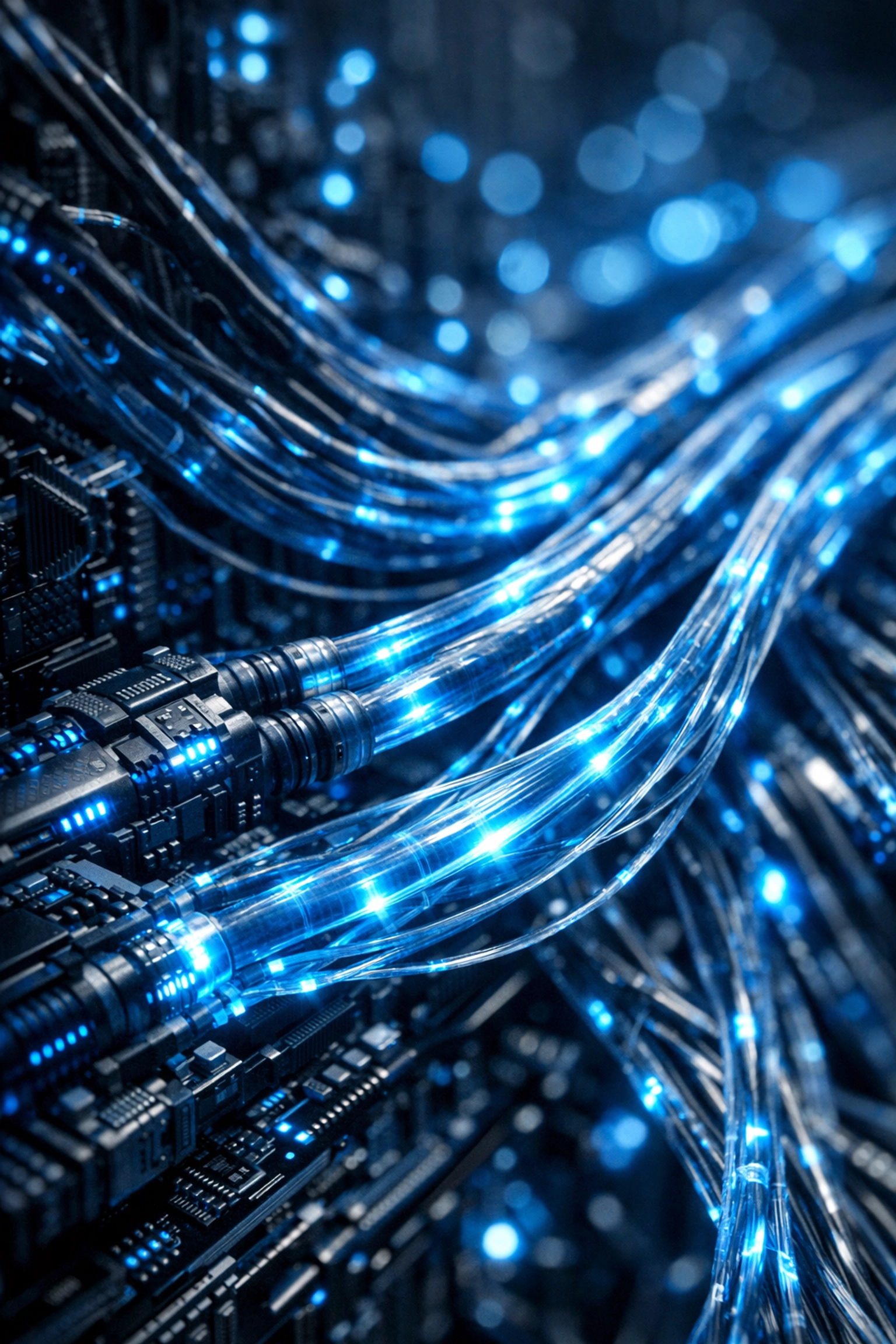 Glowing digital backbone of fiber-optic cables representing a scalable tech infrastructure for AI data flow.