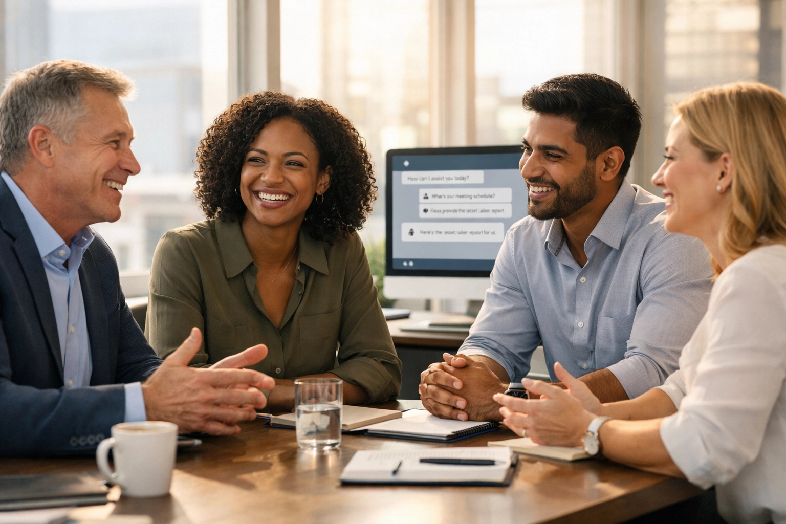 Business team collaborating with AI support system in modern office