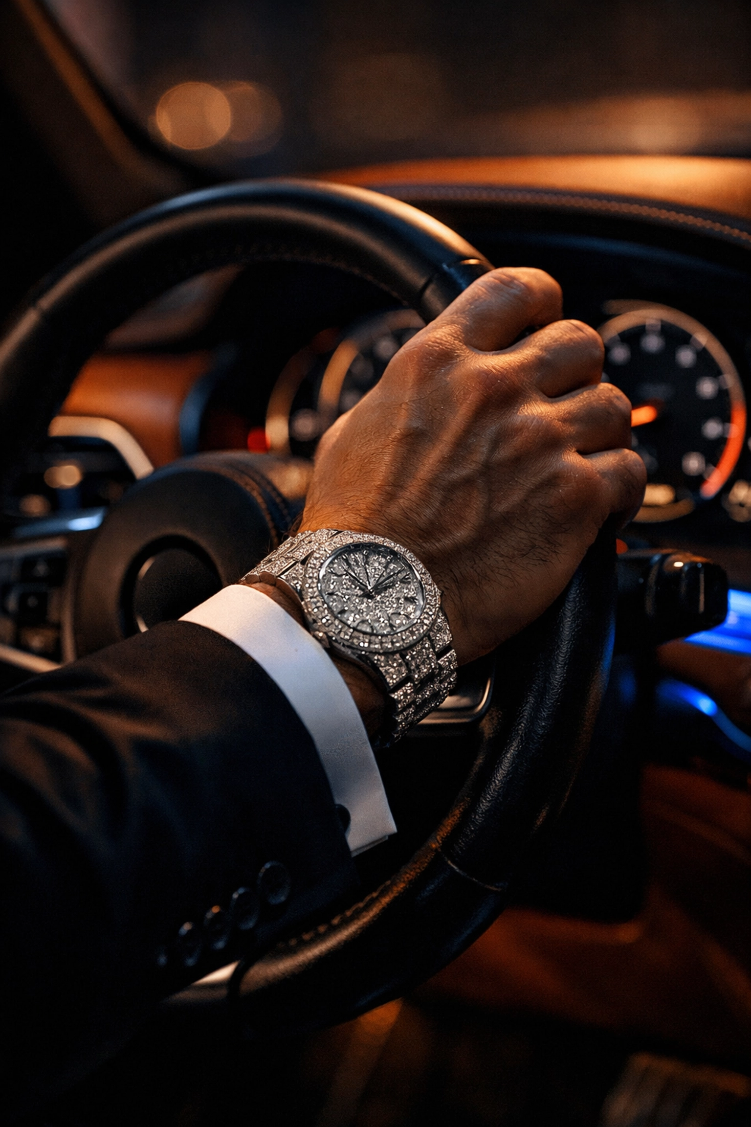 Diamond watch on wrist gripping luxury car steering wheel at exclusive gay event