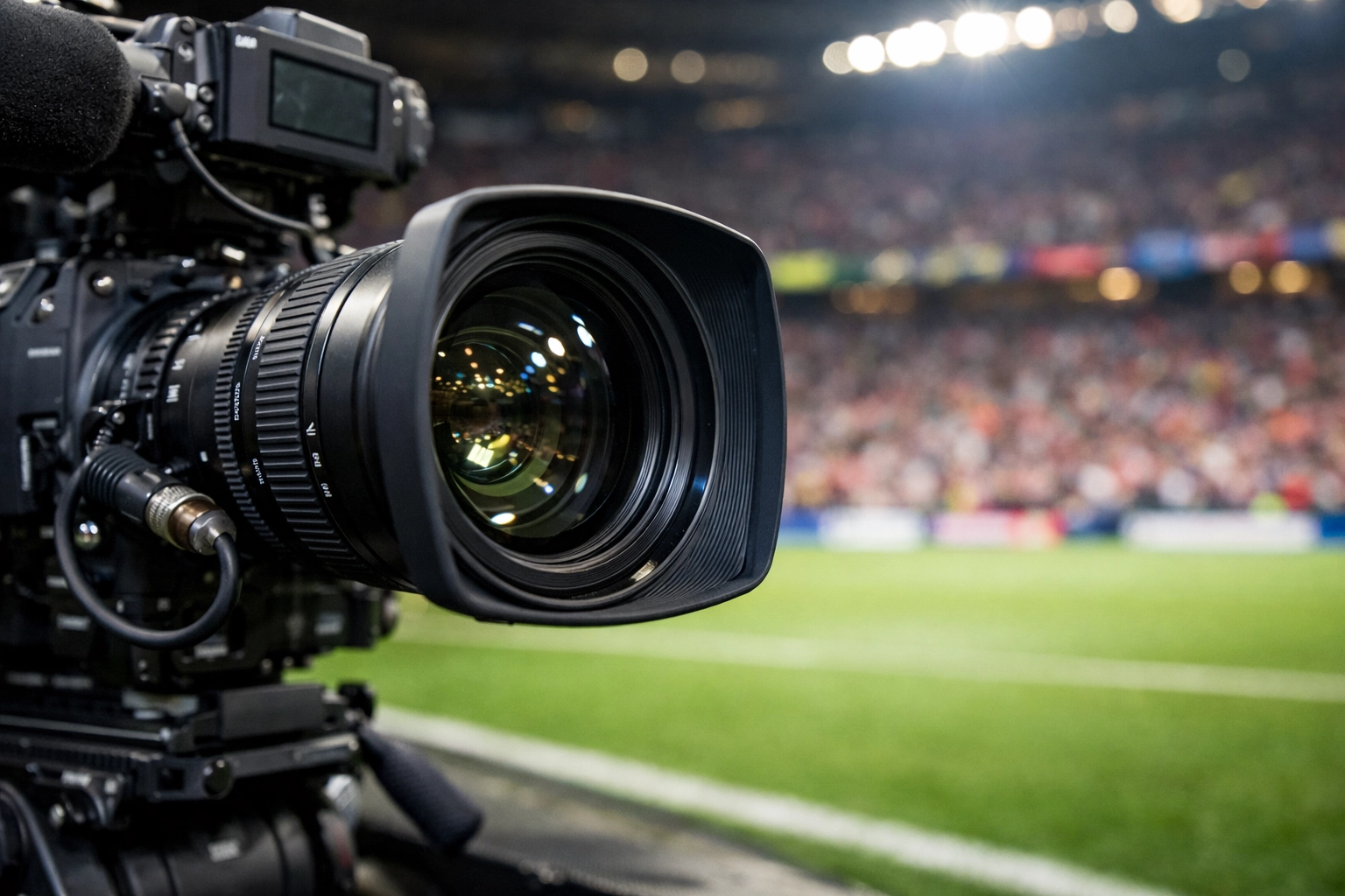 Professional broadcast camera at a stadium capturing live content for global sports media distribution.