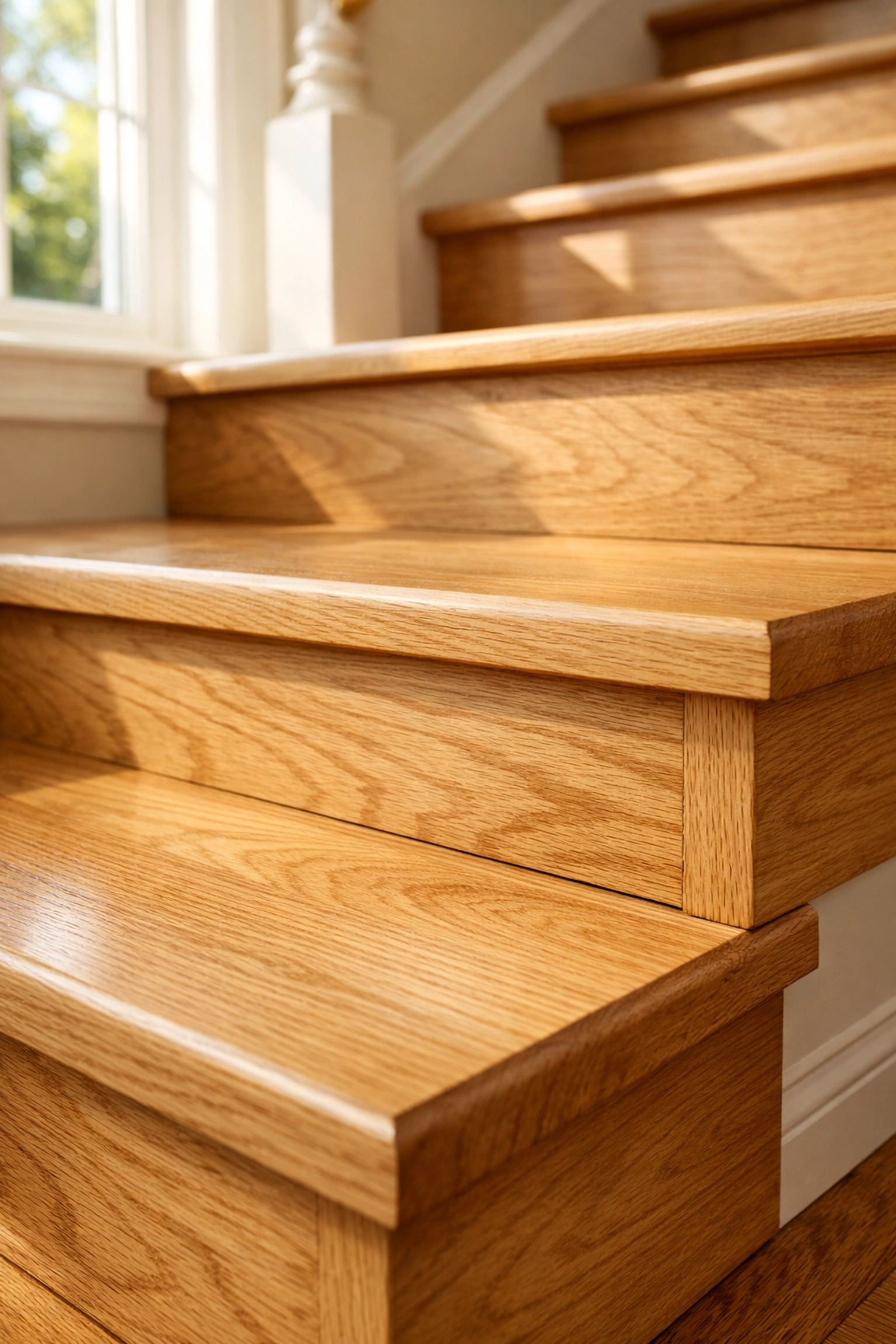 Sturdy oak staircase with level wooden treads ensuring a secure foundation for home fall prevention.