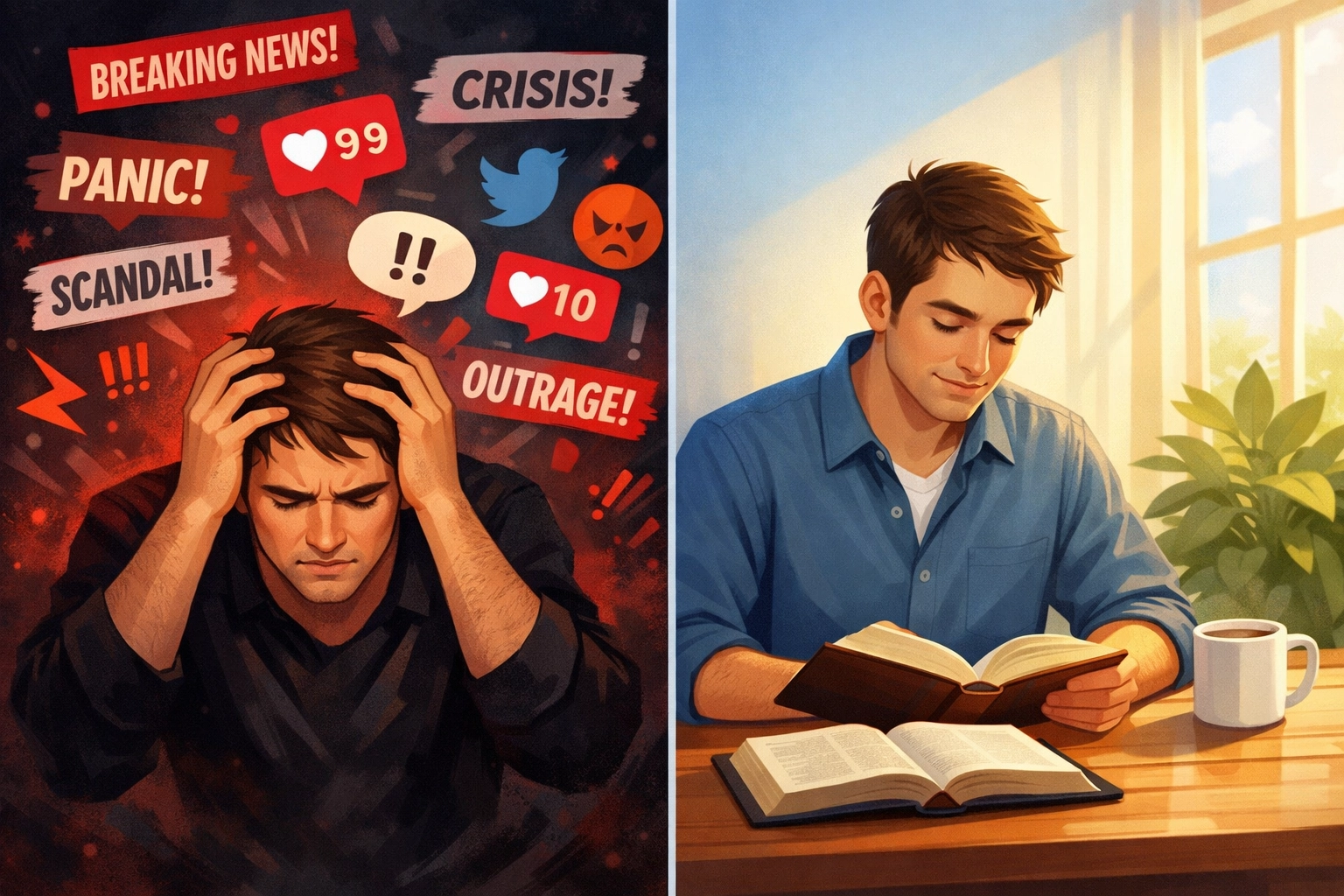 Contrast between anxious news consumption and peaceful biblical reading with morning calm