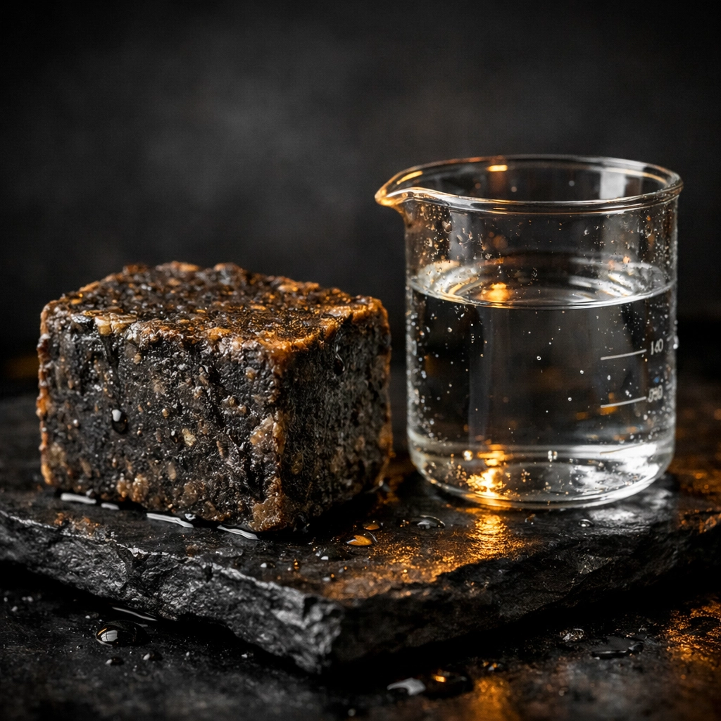 Concentrated solid beard wash bar on wet slate illustrating the waterless, potent formula.
