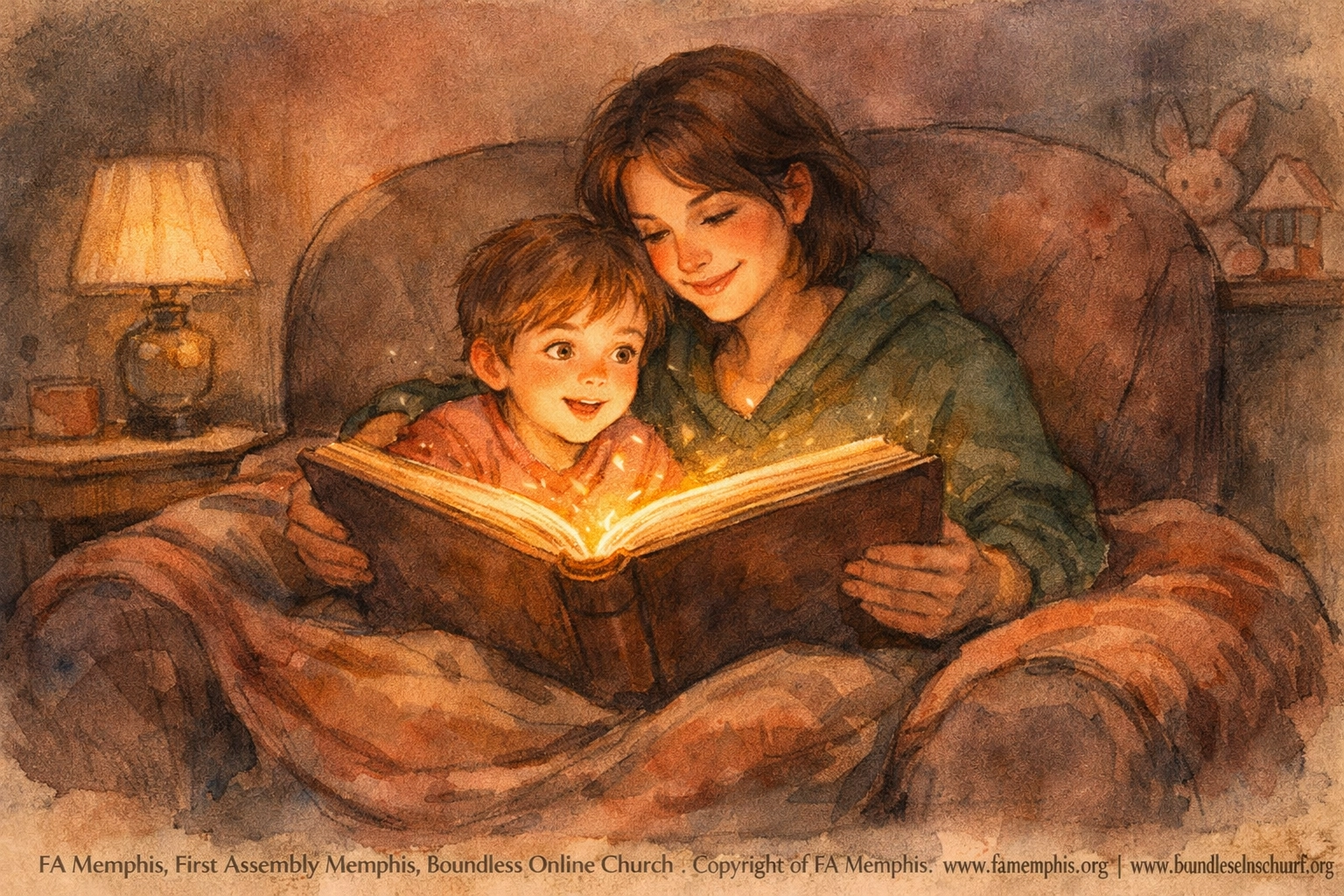 Un père et son enfant lisent un magnifique livre d'histoires bibliques dans le cadre du programme d'enseignement familial de l'église en ligne Boundless Church.