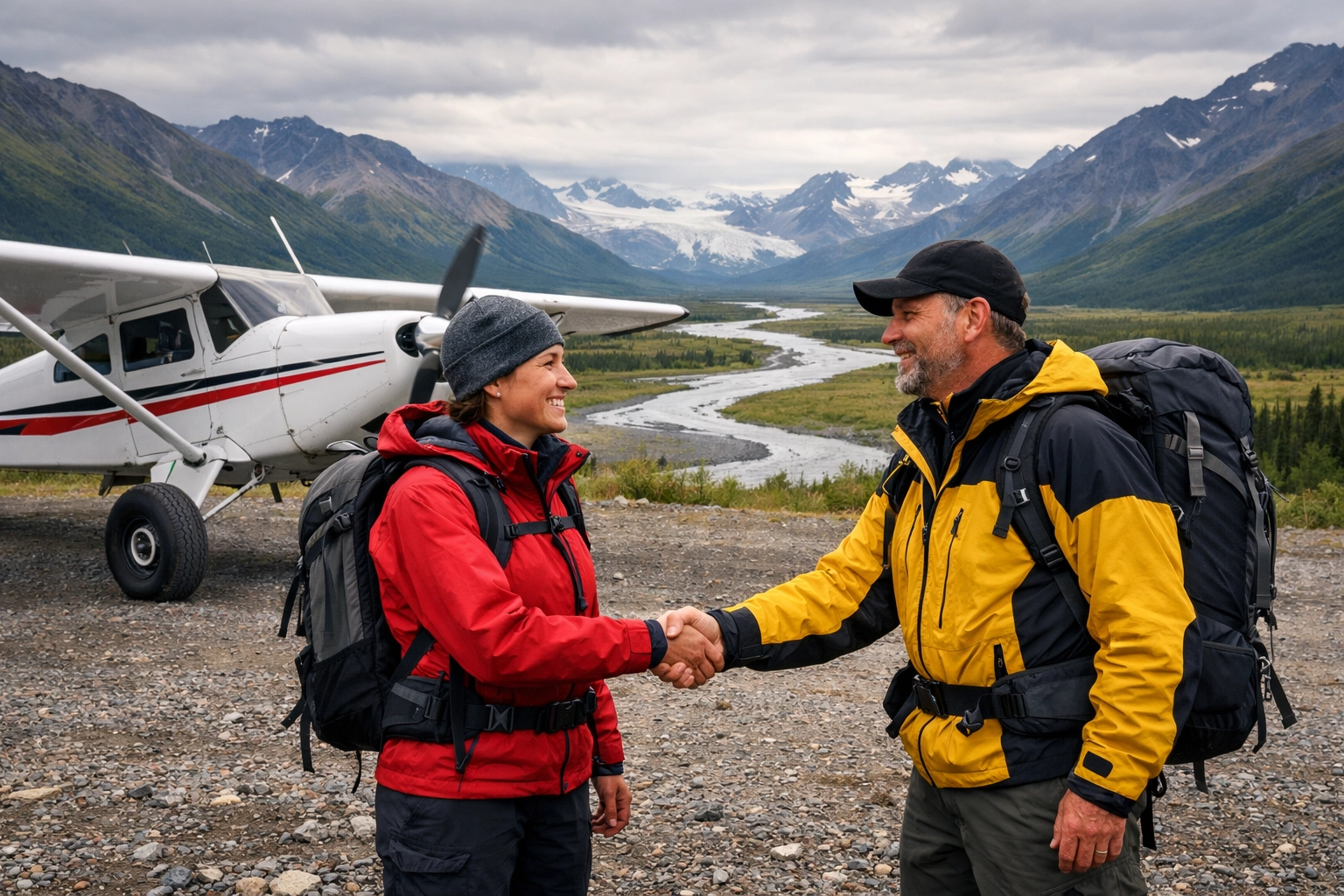 Professionals shaking hands by an Alaska bush plane, representing a smooth business transition.