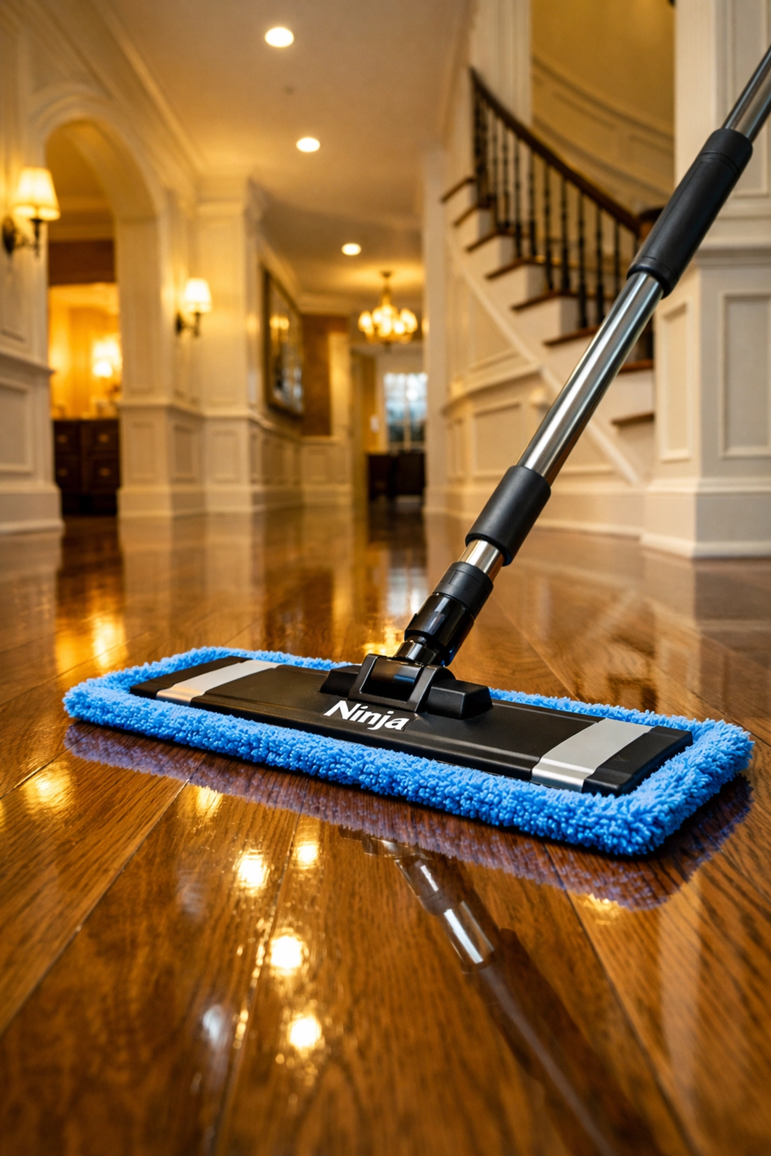 Professional residential cleaning Massachusetts using a flat mop on polished oak floors in a Dover estate.