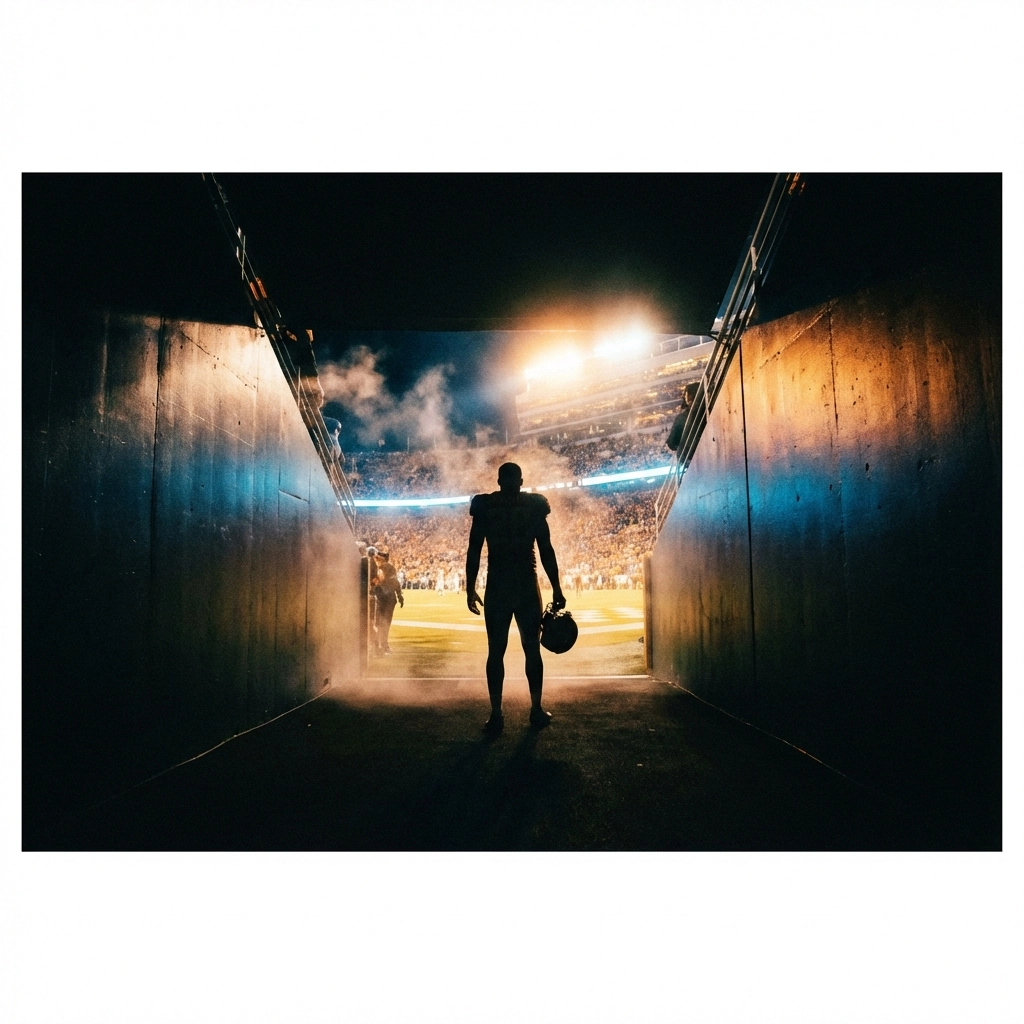 Silhouette of a football player standing in a tunnel looking out onto a brightly lit college stadium field, representing transfer portal transitions.
