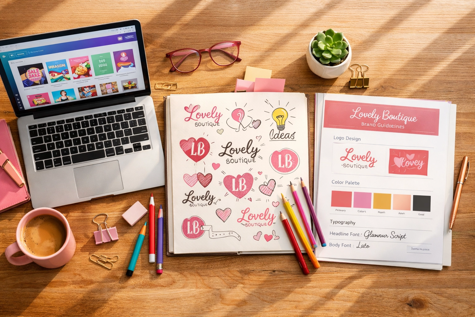 Workspace comparing DIY design platforms, freelancer sketches, and professional brand guidelines