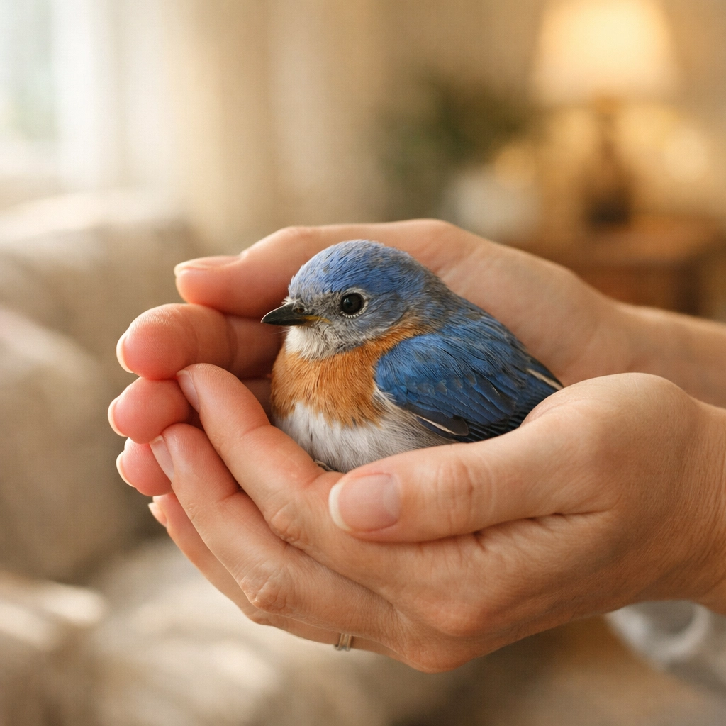 Gentle hands cradling a bluebird symbolizing the caring approach of Realtor Deena Daniels in Kansas City.