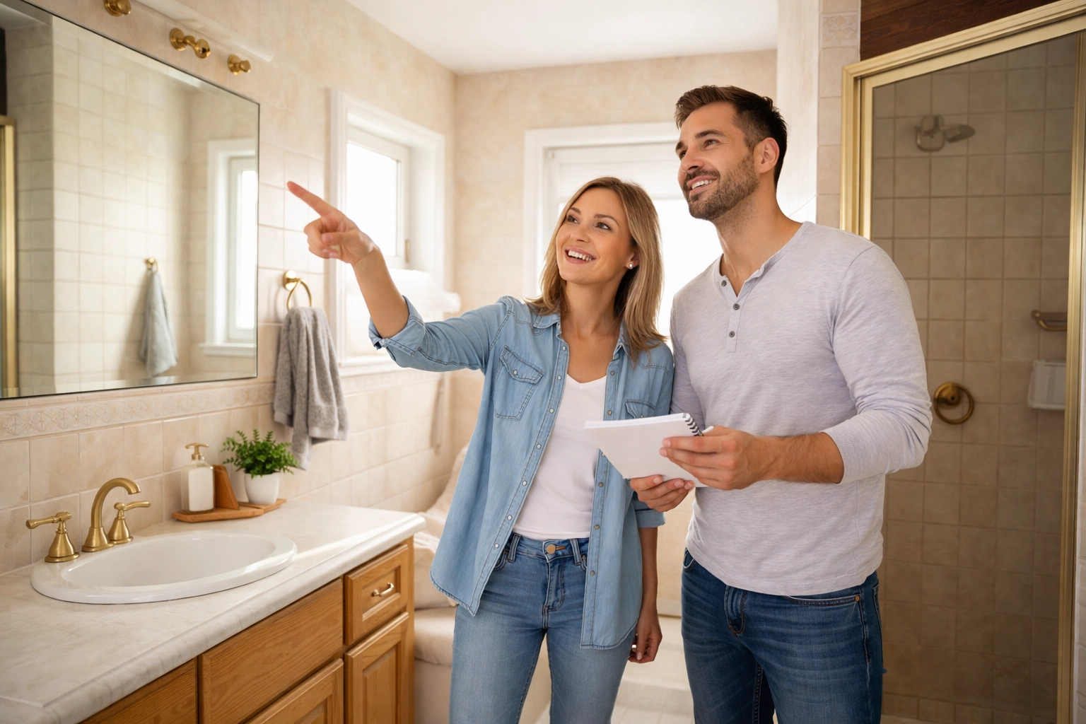 Homeowners in Reading, PA discuss bathroom remodel plans in an outdated space, highlighting the importance of setting renovation goals.