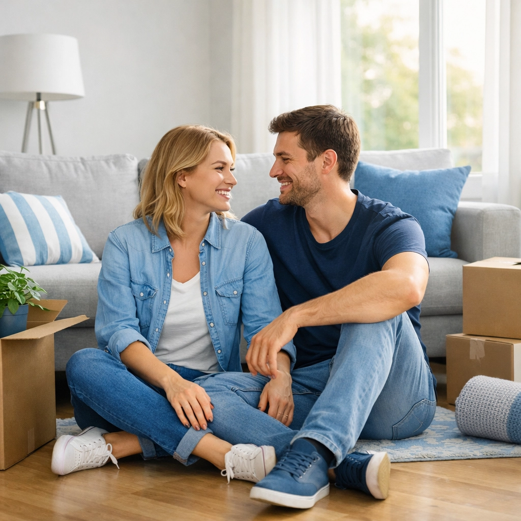 Young couple in a new home secured by term life insurance for mortgage protection.