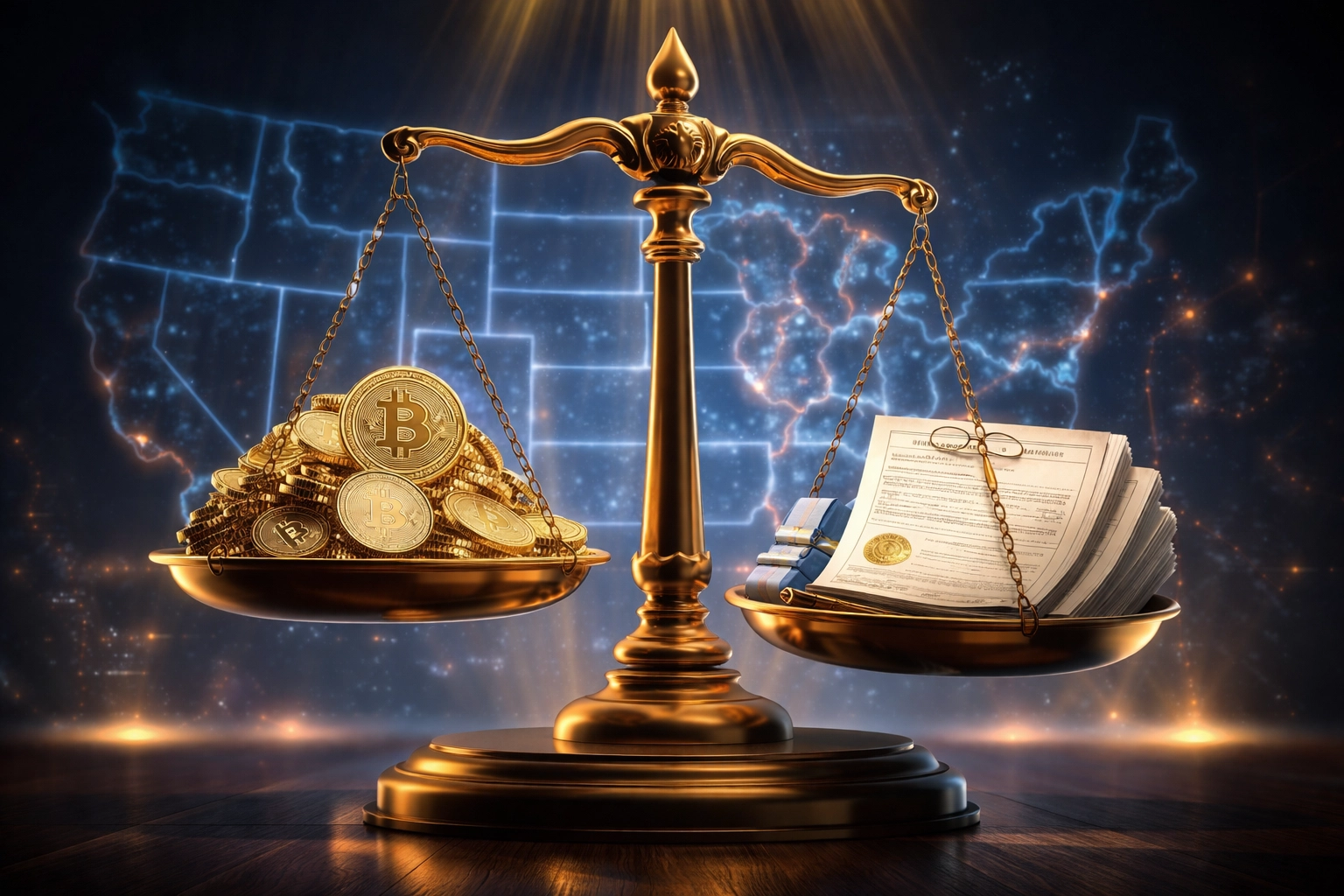 Digital scales balancing crypto coins and US compliance documents, highlighting regulatory importance for payment processors in 2026.