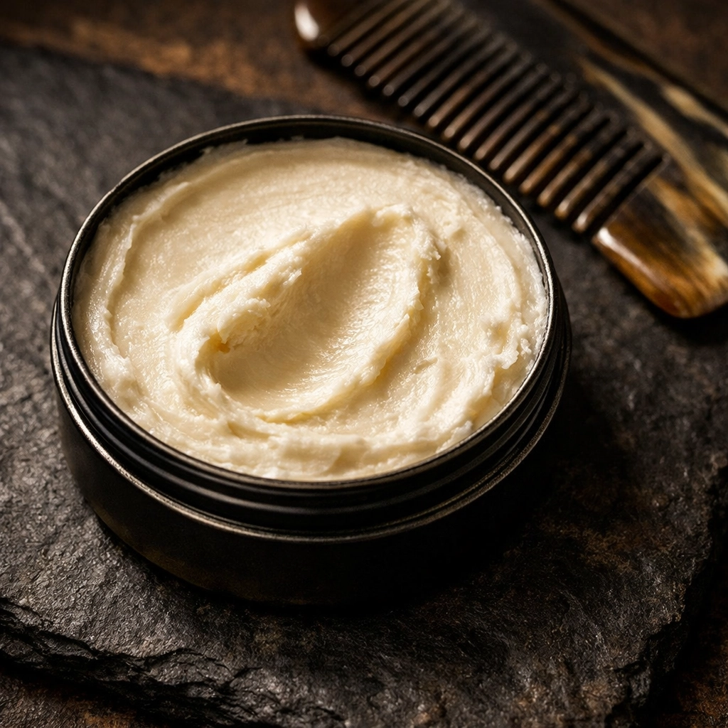 Creamy texture of a premium beard butter in a tin next to a grooming comb for deep conditioning.