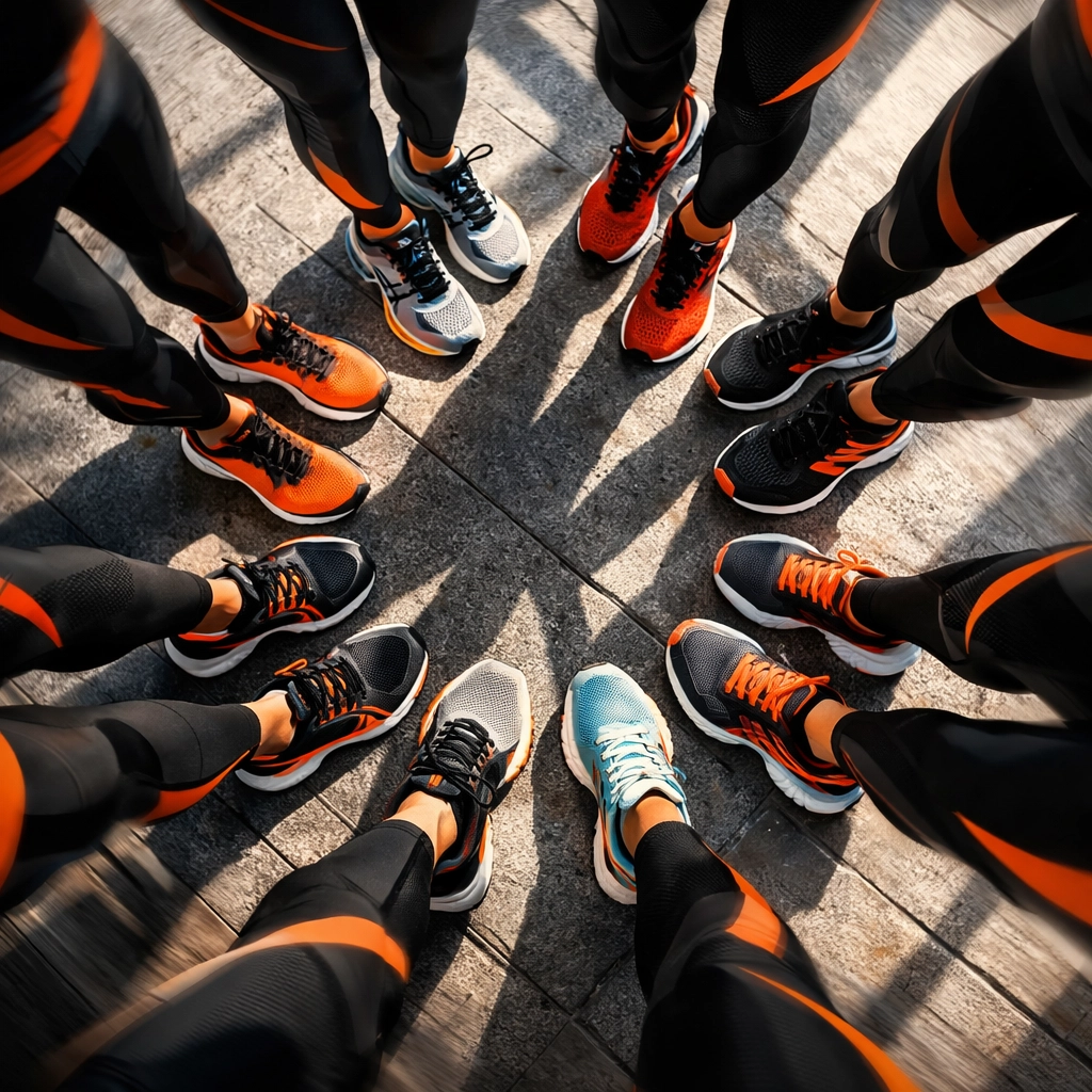 Running shoes and athletic wear arranged in circle showing diverse running community style