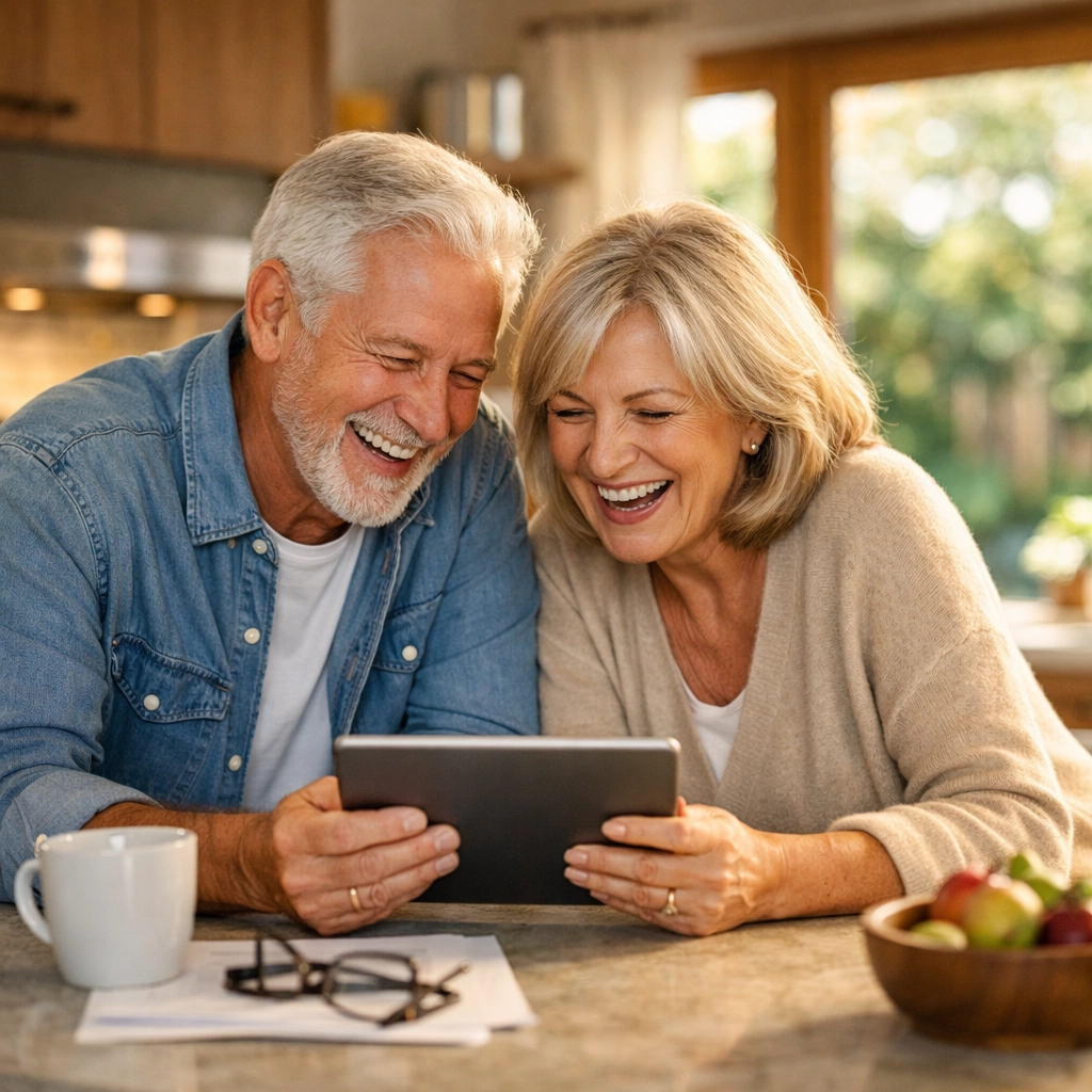 Senior couple in a modern kitchen, illustrating the financial security and benefits of a reverse mortgage.