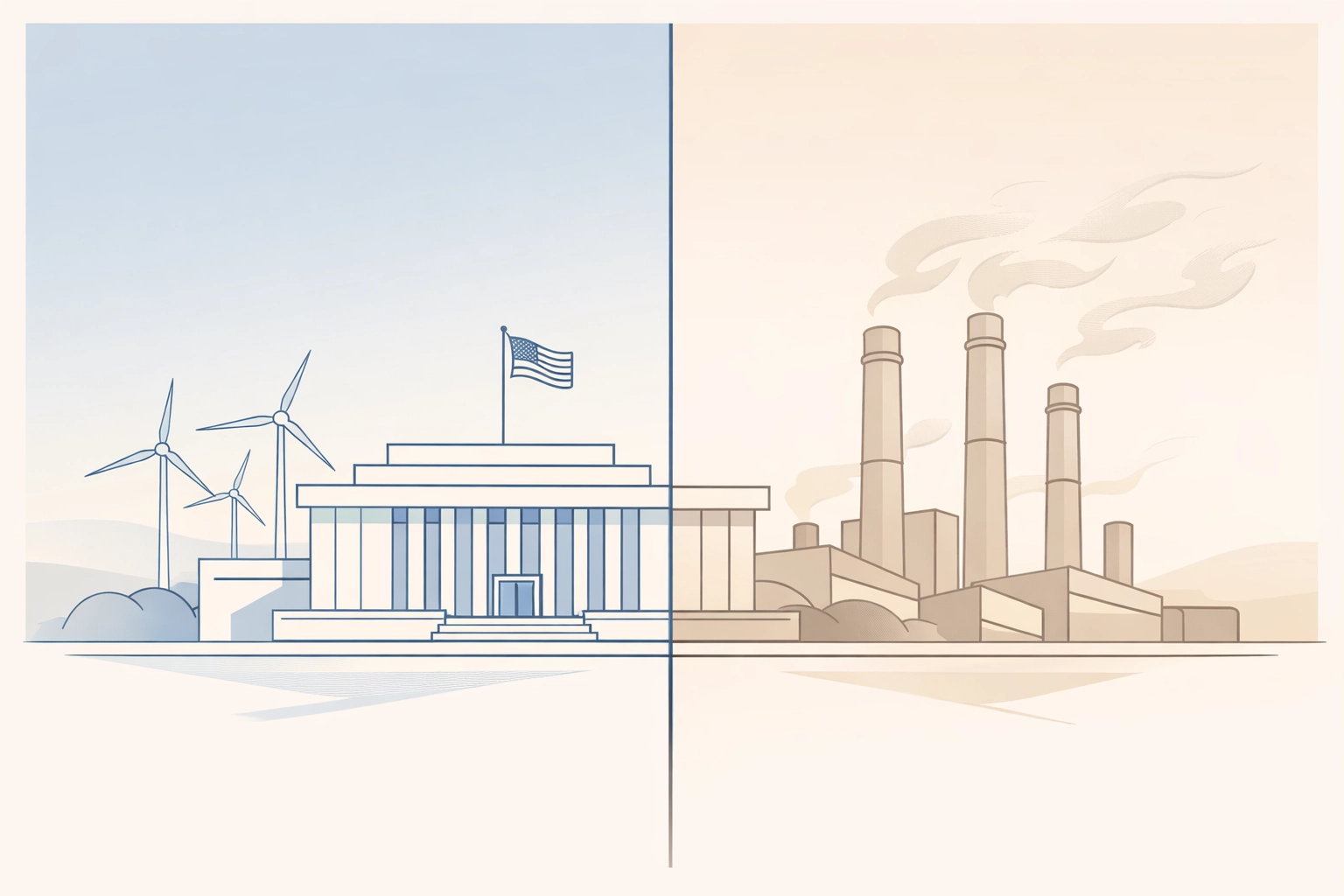Government building with wind turbines contrasted with industrial smokestacks showing climate policy contradictions