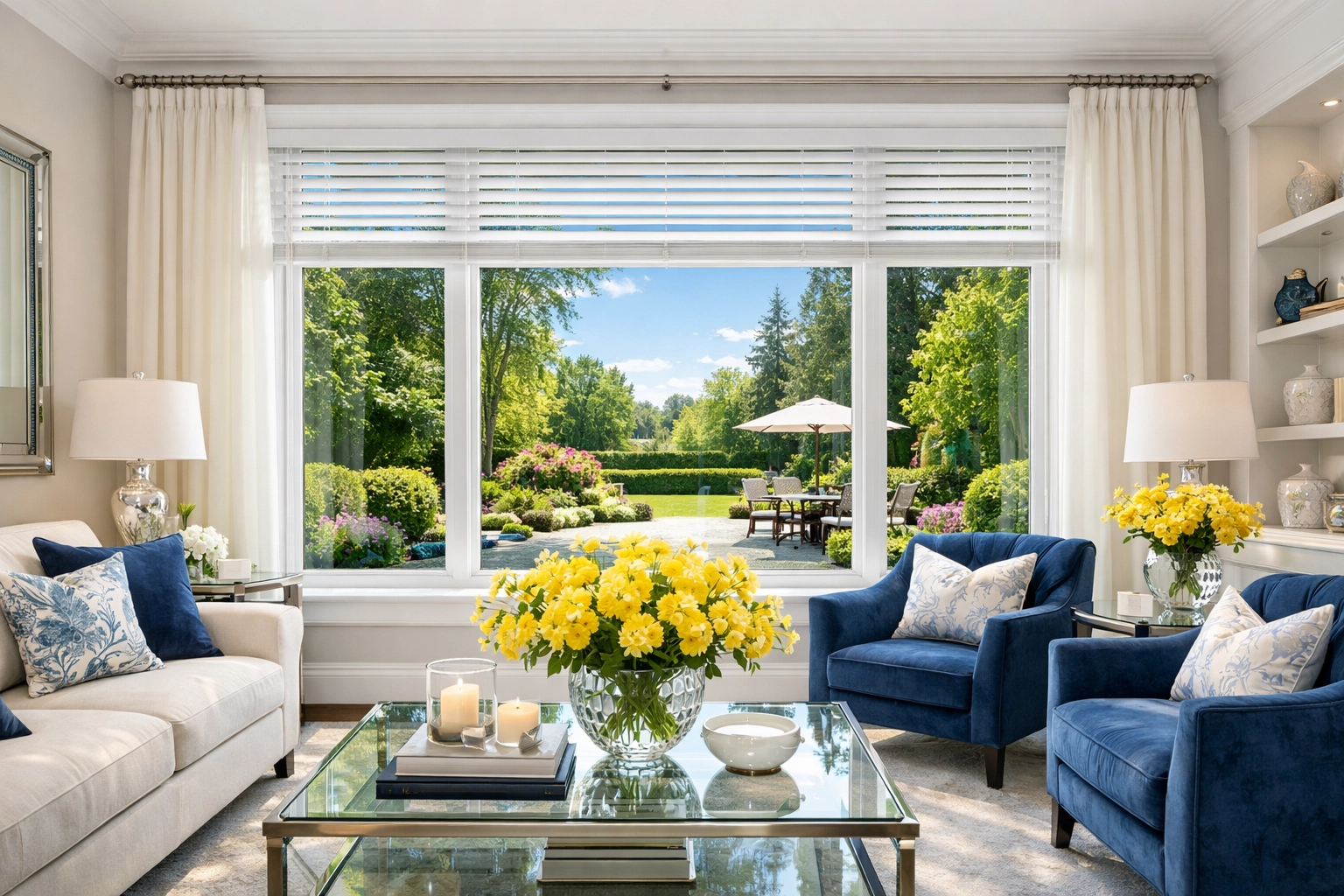 Perfectly clean white window blinds in a spotless, sunlit living room after a professional cleaning.
