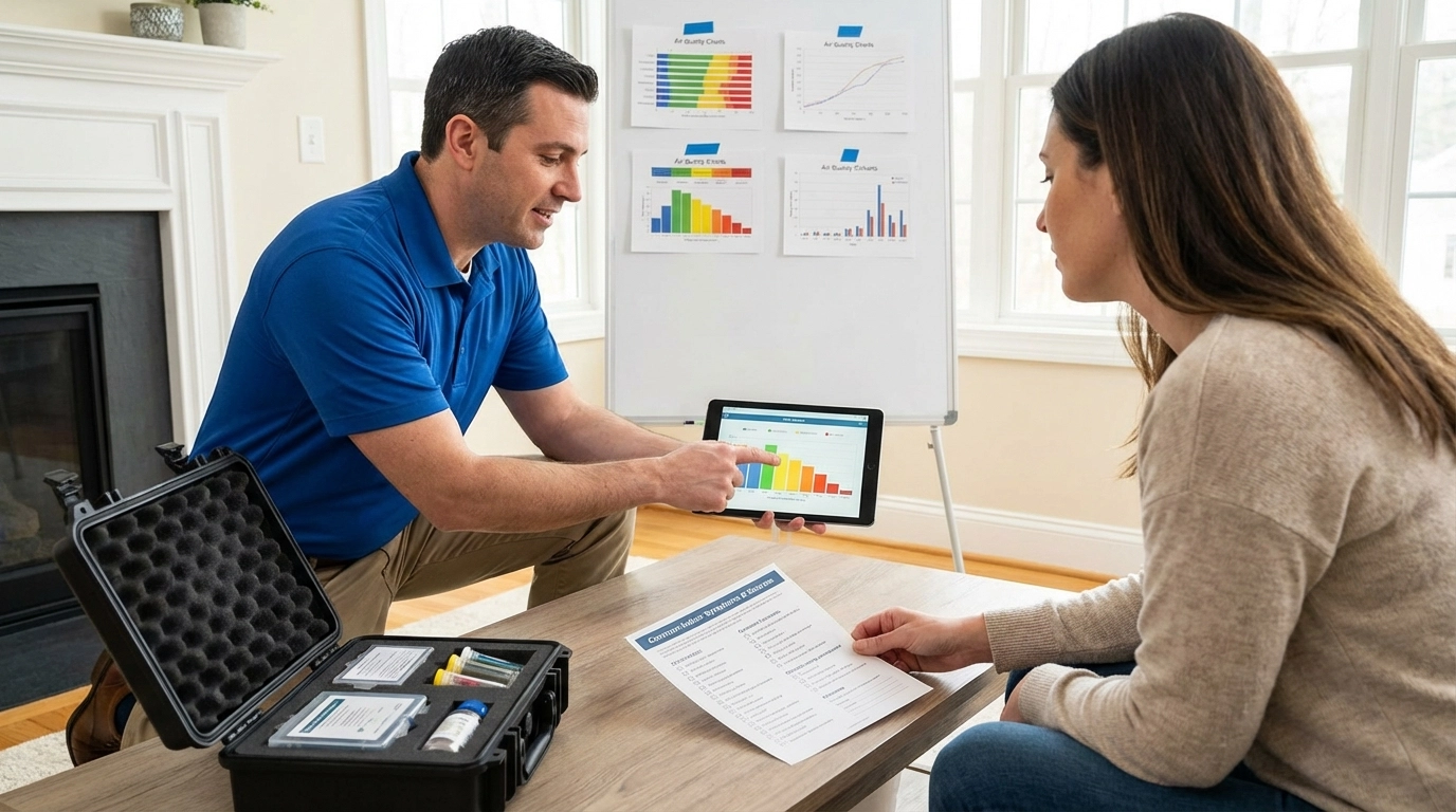 Home inspector showing homeowner air quality results and discussing causes of symptoms beyond mold