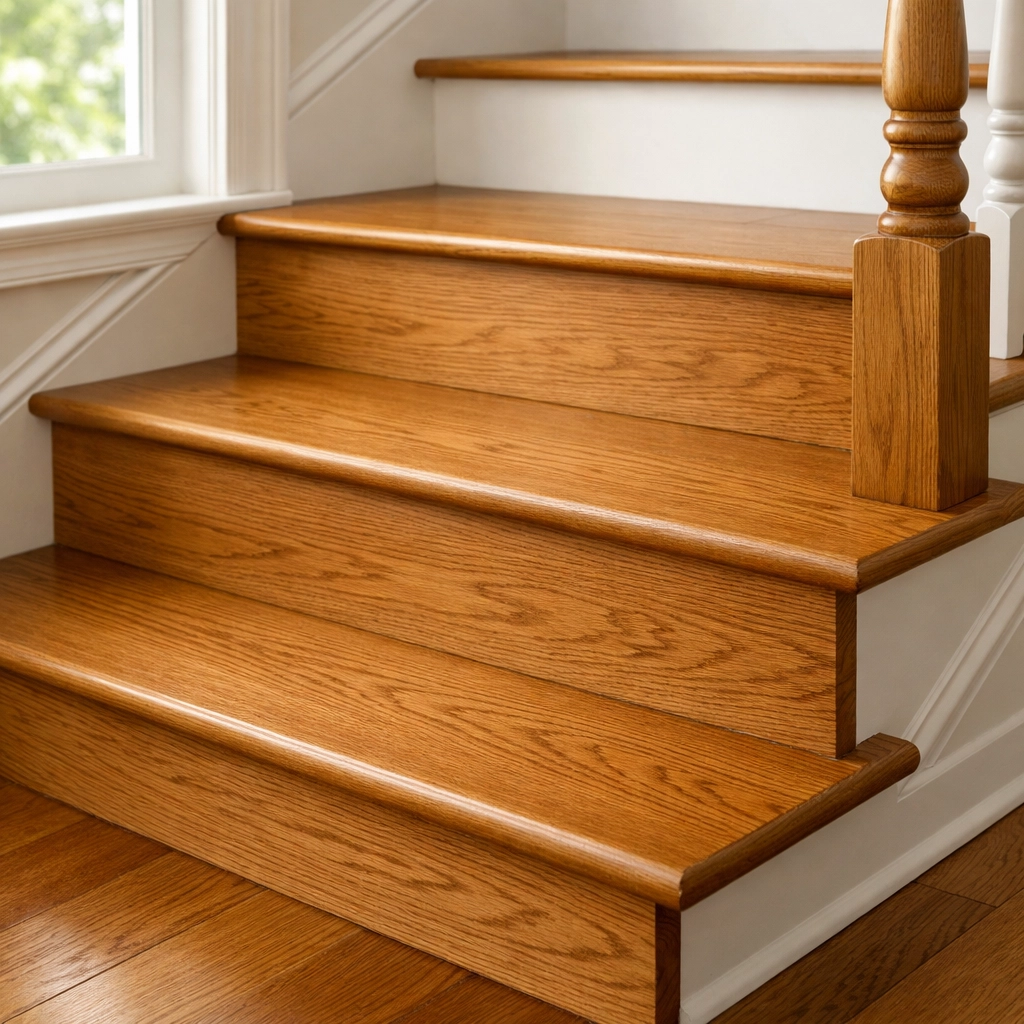 Well-maintained wooden staircase with consistent tread depth and riser height for home safety.