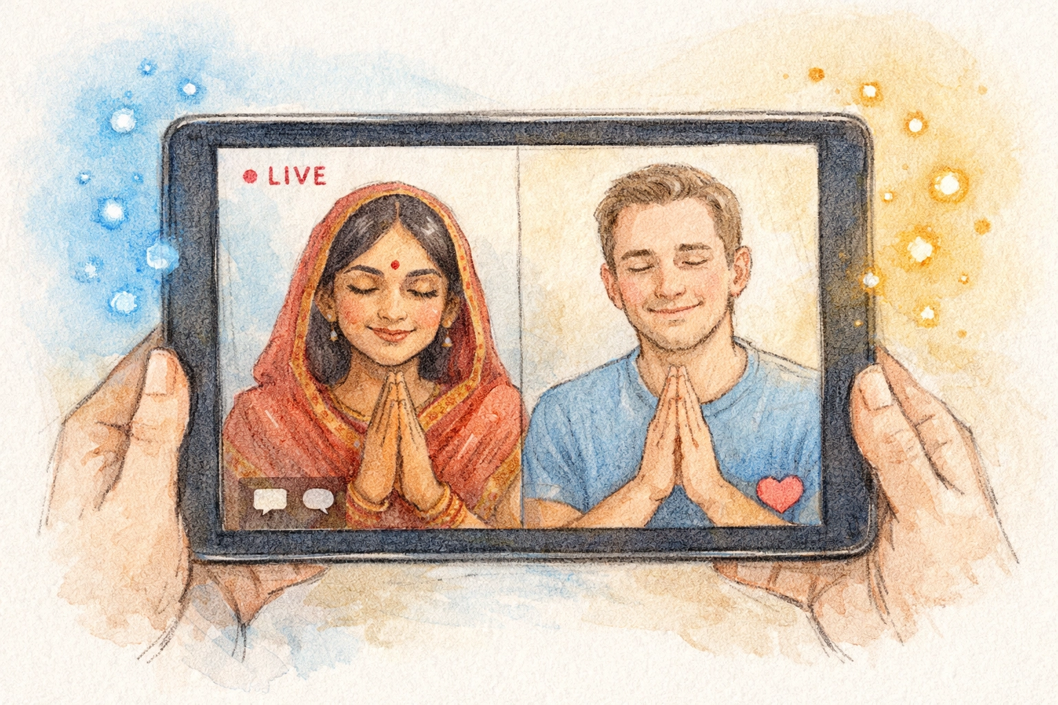 Mobile device displaying cross-cultural prayer session between believers from different nations