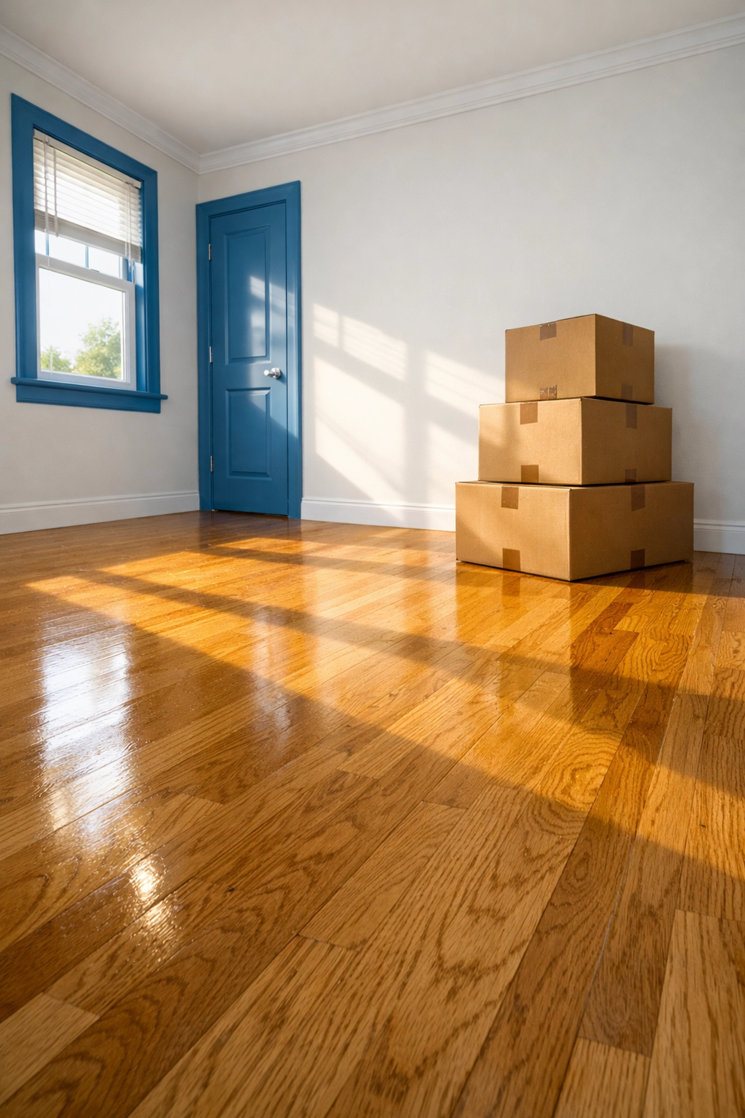 Spotless empty bedroom with polished oak floors ready for move-in cleaning services in Massachusetts.