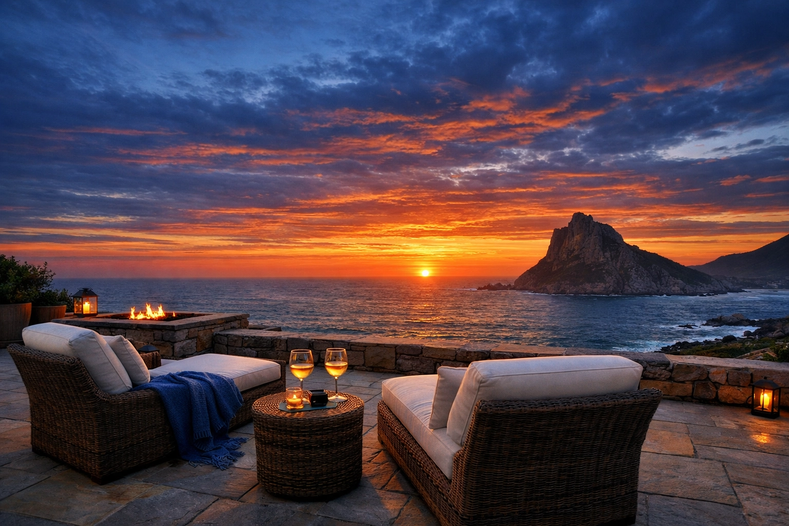 Tidy outdoor patio overlooking Castle Rock in Marblehead, showcasing more time for sunsets after residential cleaning.