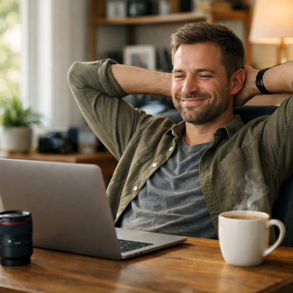 The Ultimate Guide to ProShoot.io: Everything You Need to Succeed as a Pro Photographer 3 Successful photographer using a laptop in a home office to manage secure photography bookings and payments.